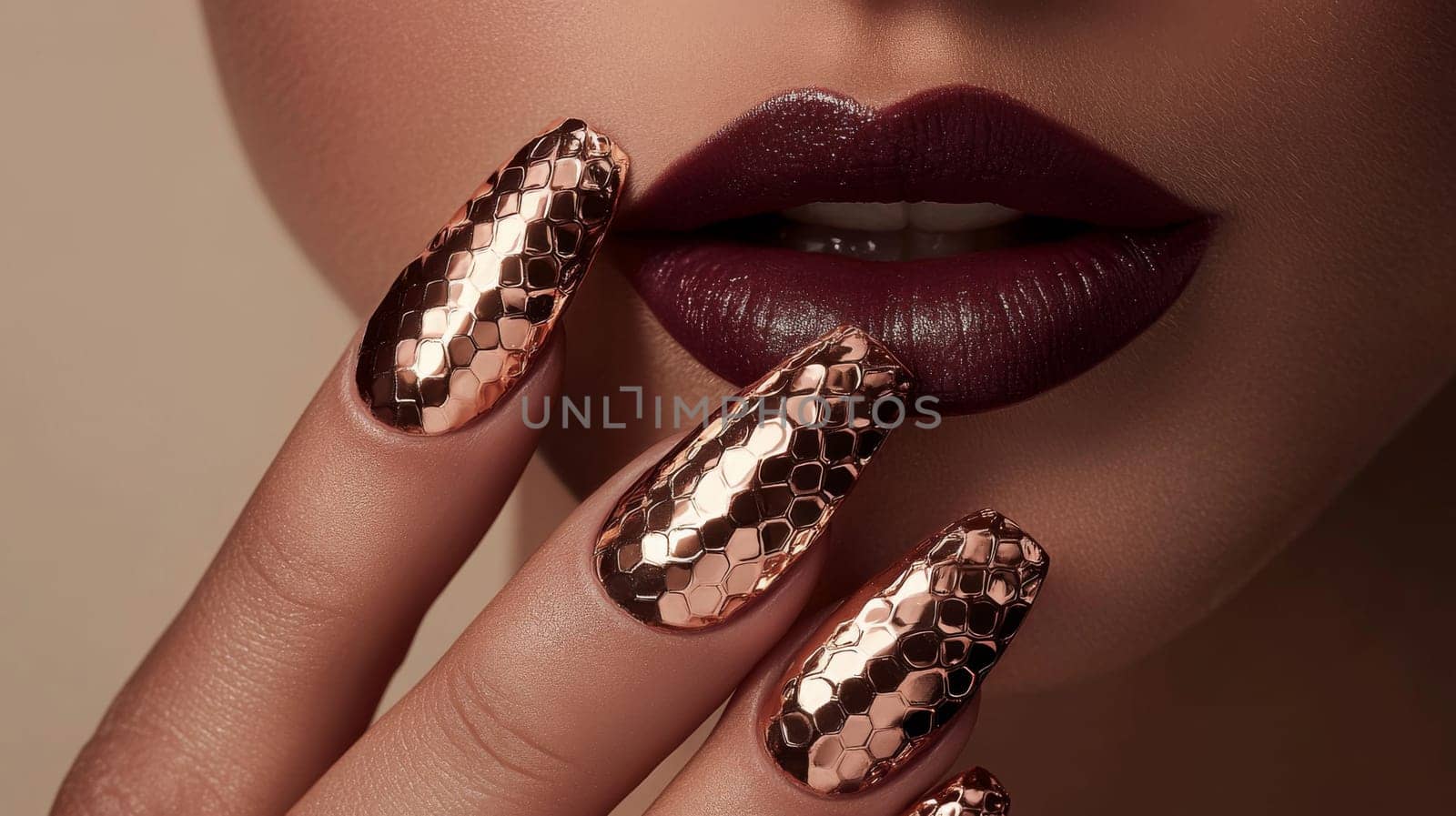 Close-up of a woman's hand showcasing metallic rose gold nails with a textured design, complemented by plum-colored lips. the image highlights elegance and contemporary fashion trends, emphasizing luxury and sophistication.
