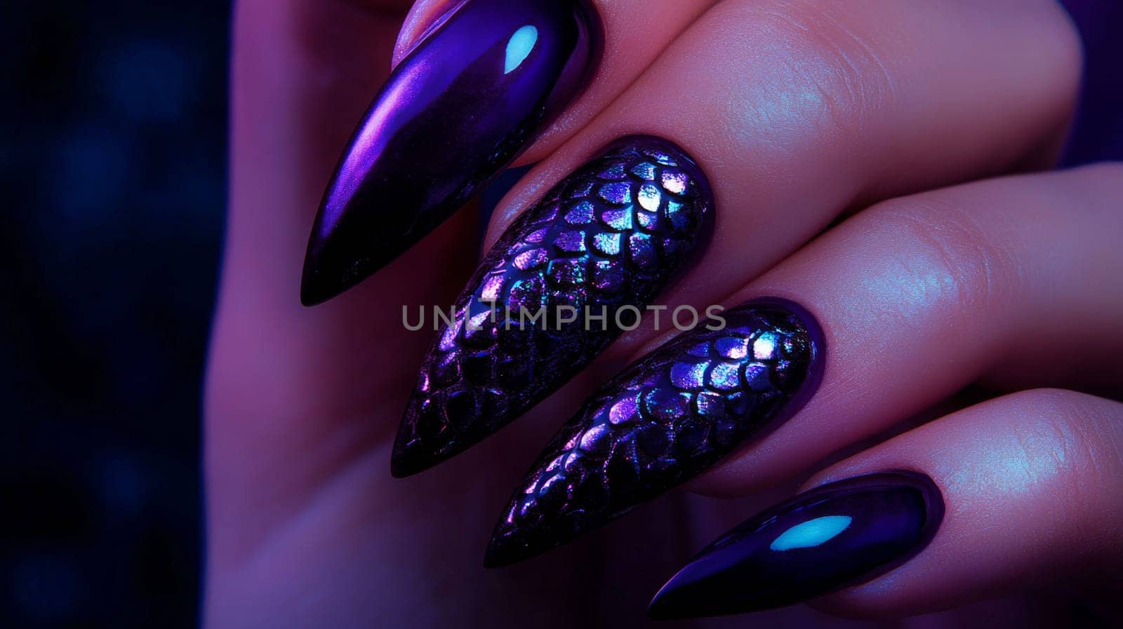 Close-up of a woman's hand showcasing glossy, elongated nails adorned with intricate, shimmering patterns. the striking manicure features a blend of dark purple hues and innovative nail art techniques, ideal for beauty design inspiration.