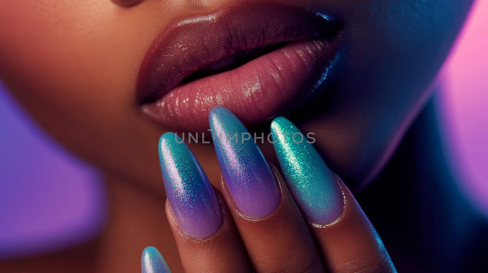 Vibrant close-up of a woman's hand showcasing a stunning gradient manicure. the nails feature a shimmering blend of colors, modern beauty trends and the allure of elegant nail design.