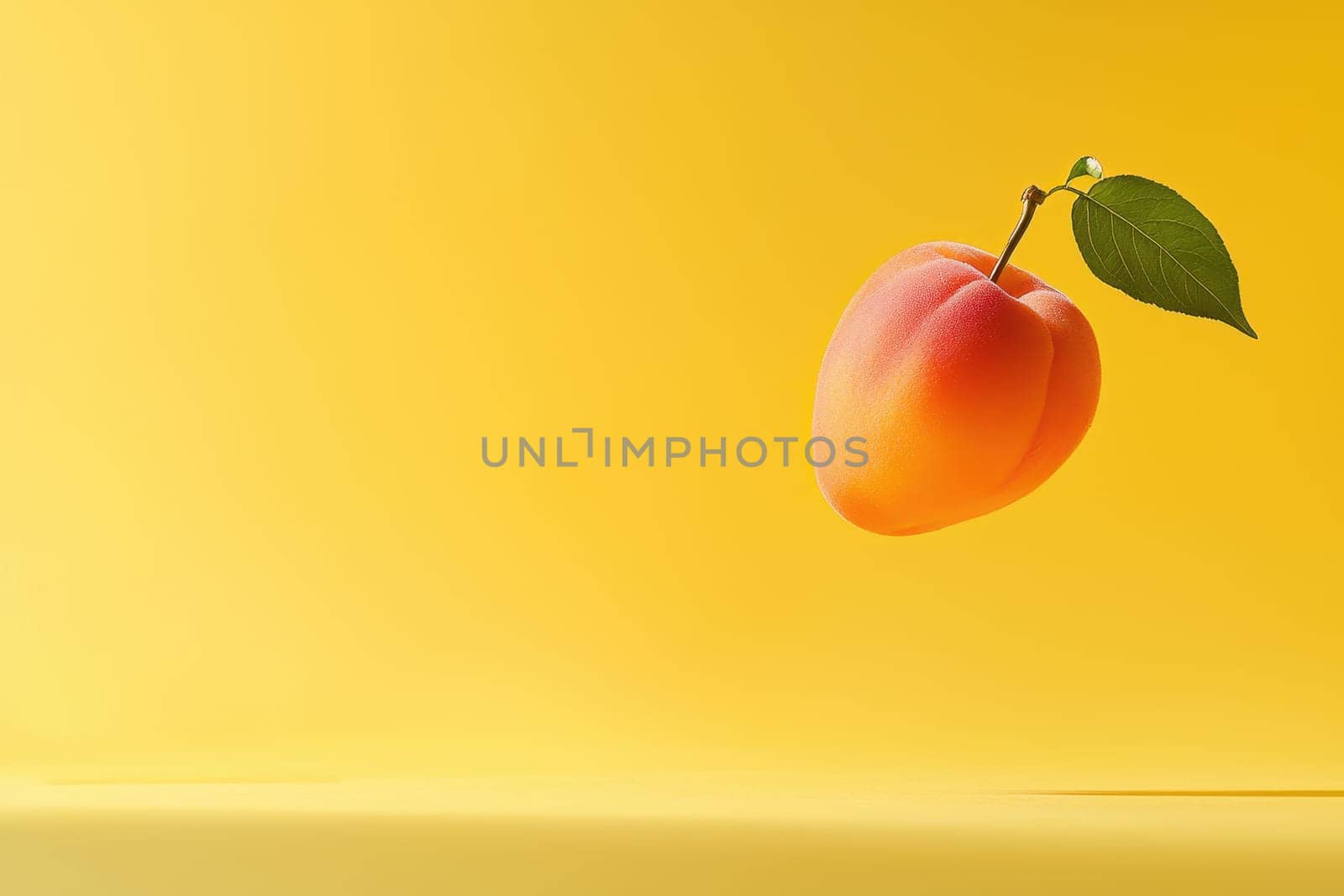 A peach is suspended in midair above a yellow background. The peach is the main focus of the image, and it is floating or levitating, giving the impression of weightlessness