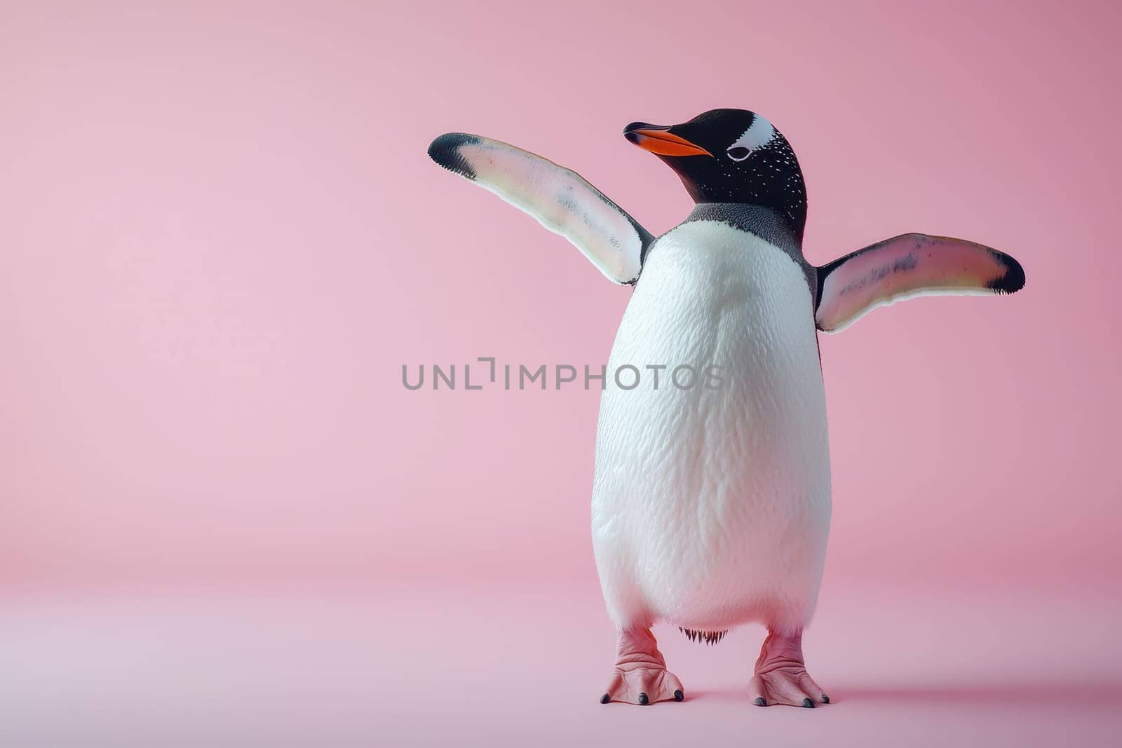 A penguin stands on a pink background. The penguin is standing on its hind legs and has its wings spread out