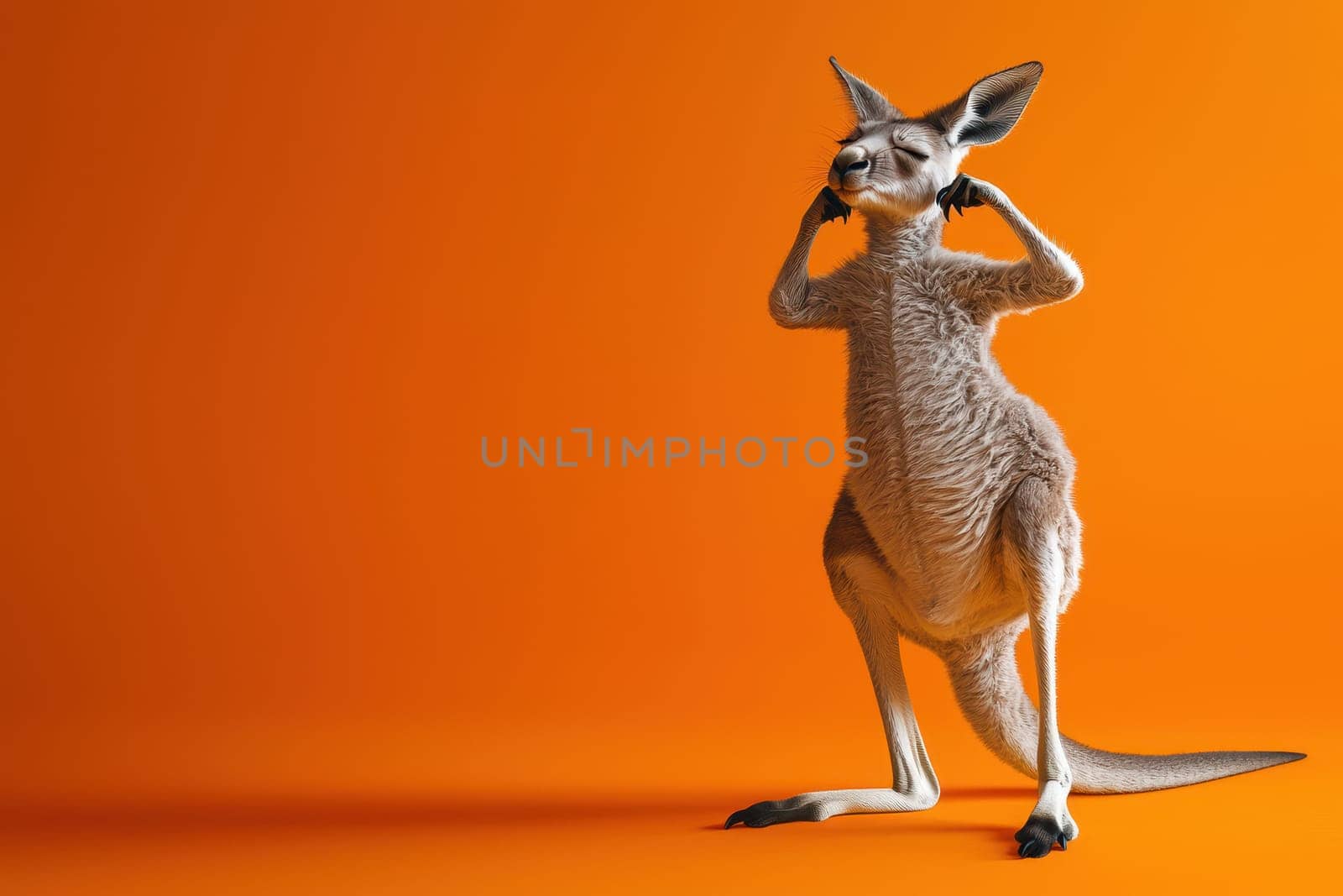A cartoonish kangaroo is standing on an orange background, with its head tilted to the side and ears perked up. The kangaroo appears to be listening to something, possibly music or a podcast