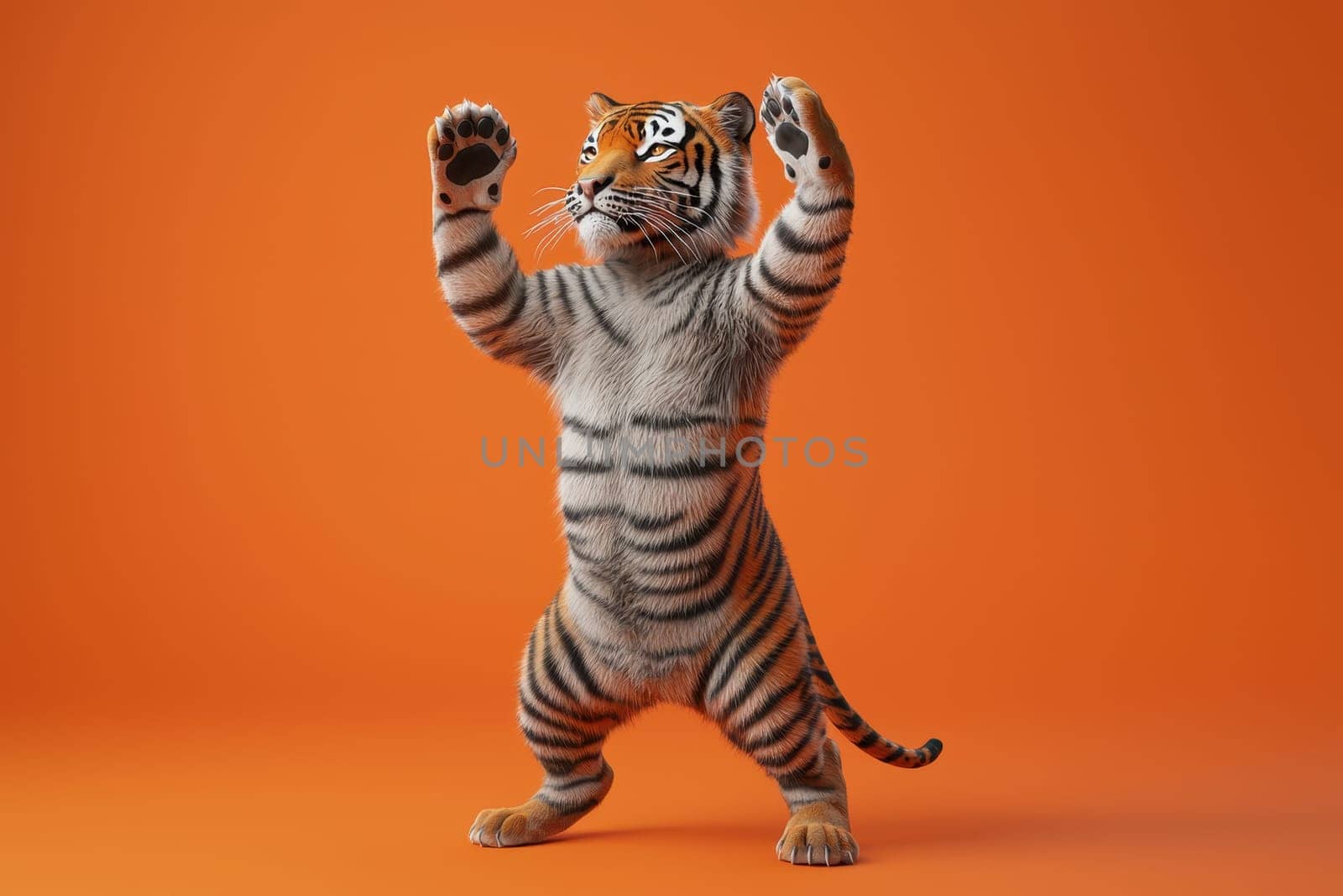 A tiger cub is standing on an orange background and appears to be playing. The tiger is wearing a striped shirt and has a tiger head