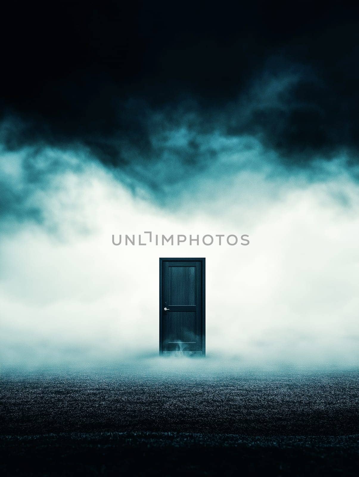 A solitary dark door stands amidst a swirling fog, evoking feelings of mystery and intrigue. The ethereal mist adds a surreal and enigmatic atmosphere to the scene.