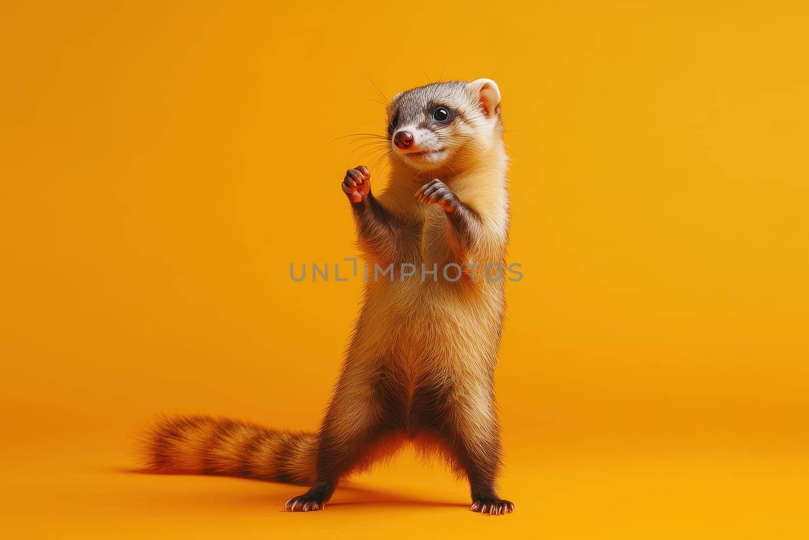 A small brown and white animal with a striped tail stands on a yellow background. The animal appears to be playful and energetic, as it is holding its paw up in the air