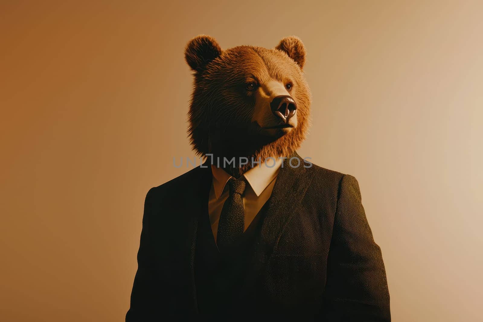 A man in a suit and tie is wearing a bear mask. The bear mask is a creative and humorous way to present the man in a formal setting. The image conveys a lighthearted and playful mood