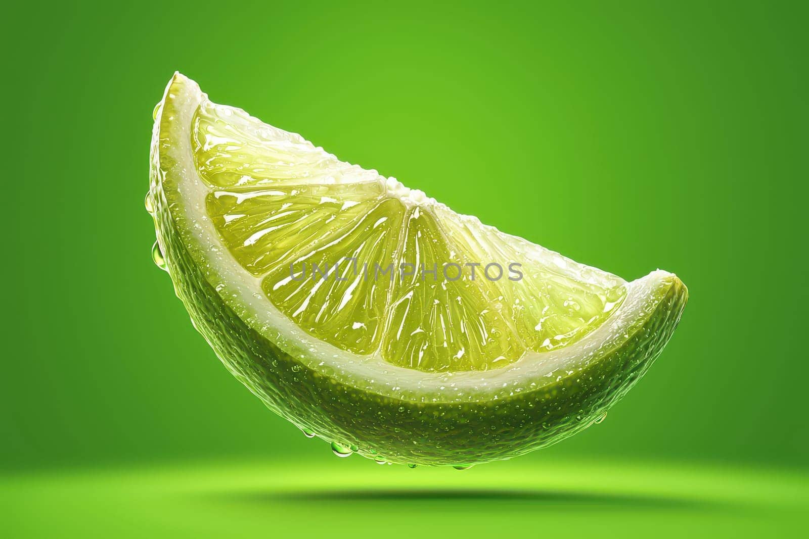 A lime slice is shown on a green background. The lime slice is cut in half, and the juice is dripping from it. Concept of freshness and vitality, as the lime is a symbol of health and wellness