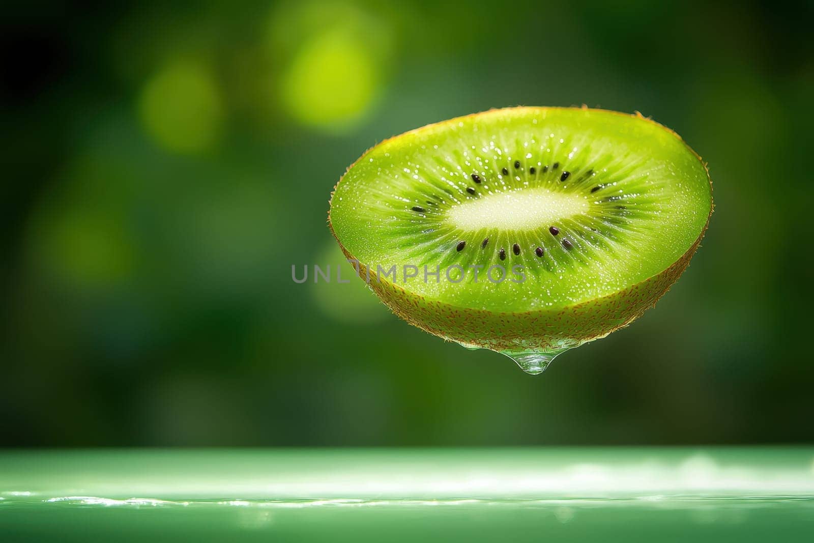 A slice of kiwi fruit is floating in the air. Concept of lightness and playfulness, as the kiwi slice seems to be defying gravity