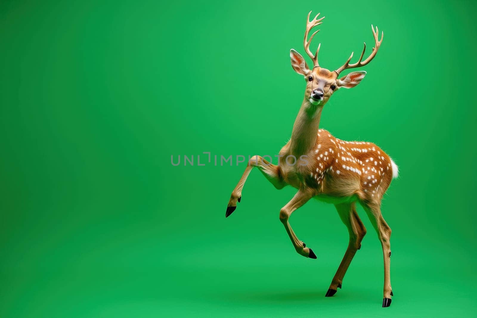 A deer is standing on its hind legs and looking at the camera. The image has a lively and energetic mood, as the deer appears to be in motion and ready to jump