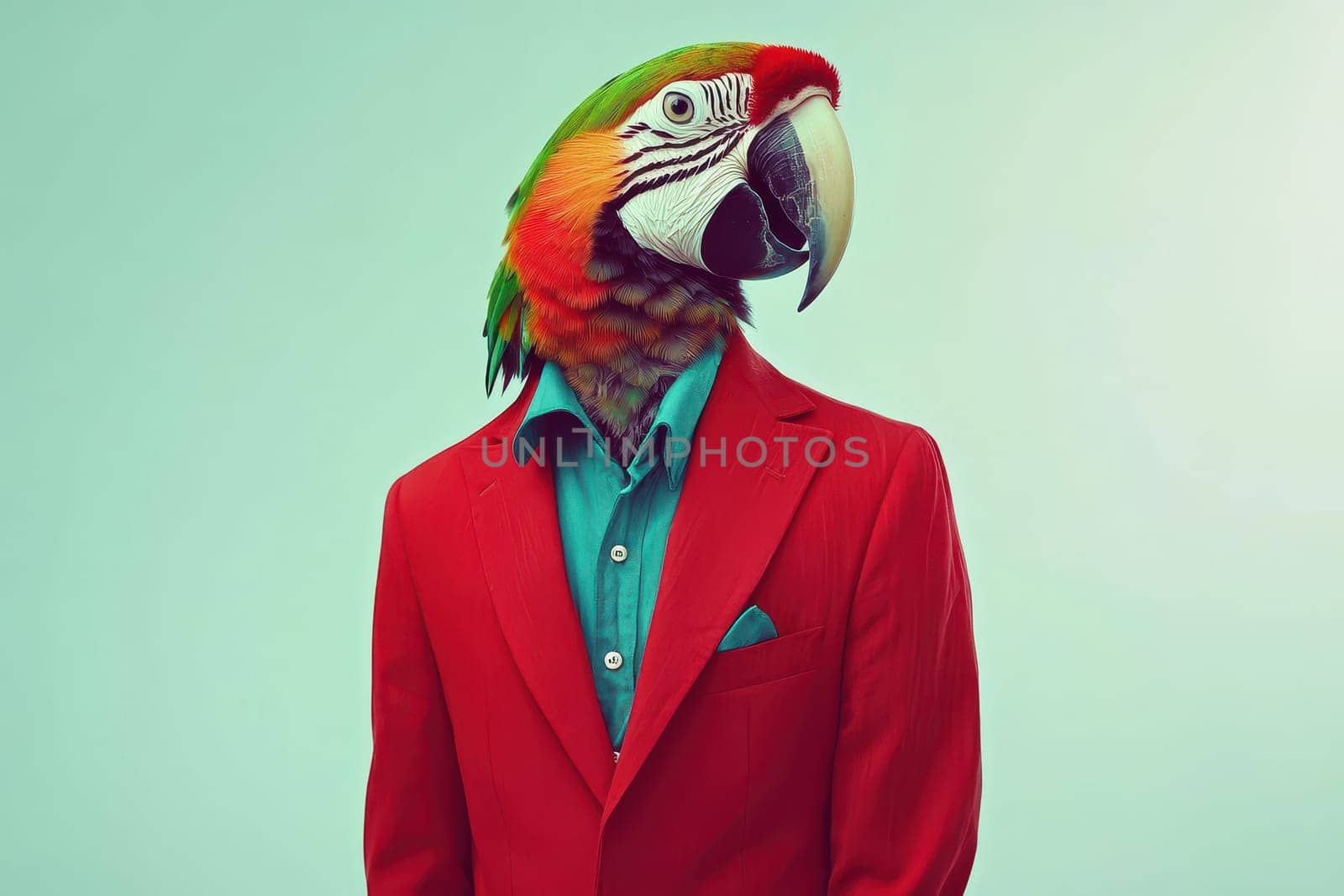 A man is wearing a red suit and a green and red parrot head. The parrot is wearing a blue shirt and a tie. The image has a playful and whimsical mood, as it is a creative