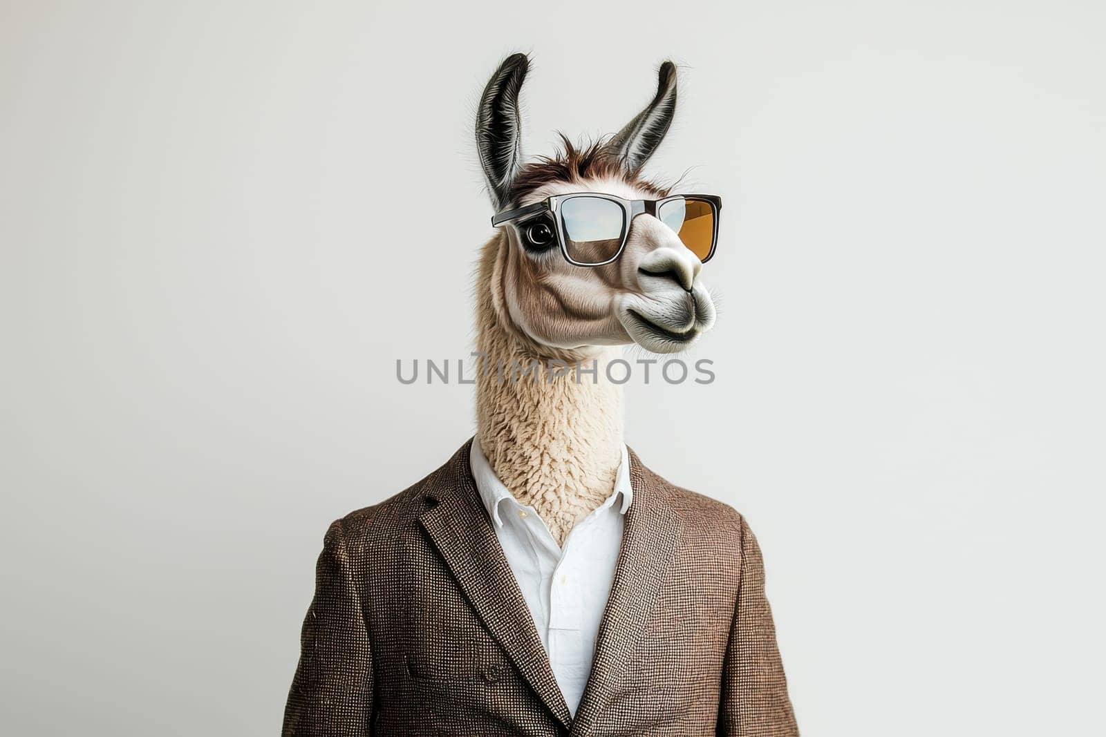 A man dressed in a suit and sunglasses is posing for a picture. The image has a playful and humorous mood, as the man is wearing a camel costume and sunglasses