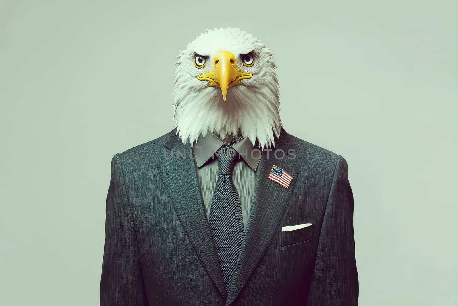 A bald eagle wearing a suit and tie with a red, white, and blue American flag on his chest