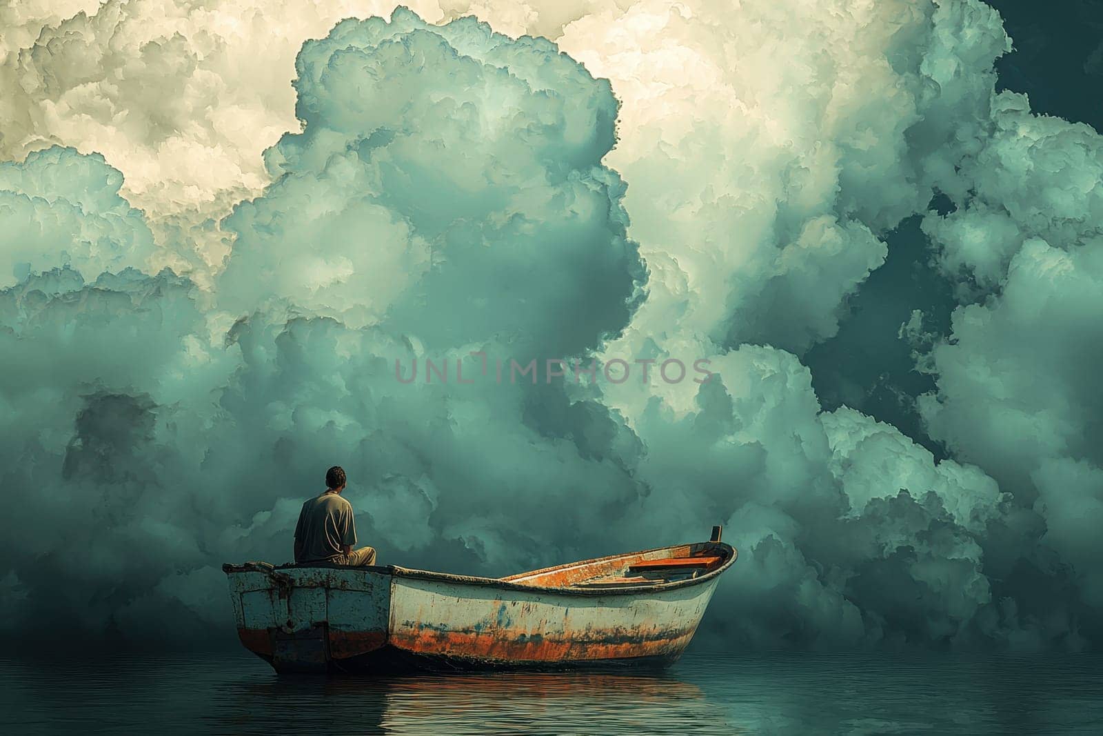 A man is sitting in a small boat in the middle of a large body of water. The sky is cloudy and the water is calm