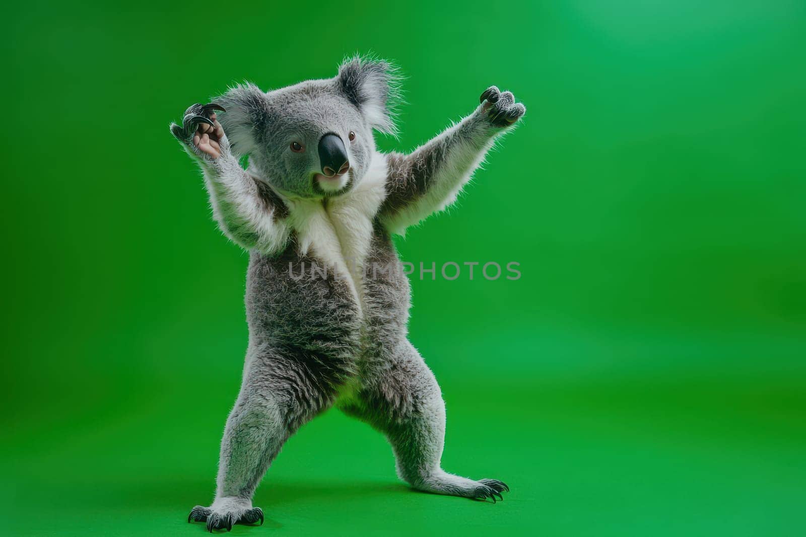 A koala is standing on a green background and appears to be happy. The koala is making a funny face and has its arms raised in the air