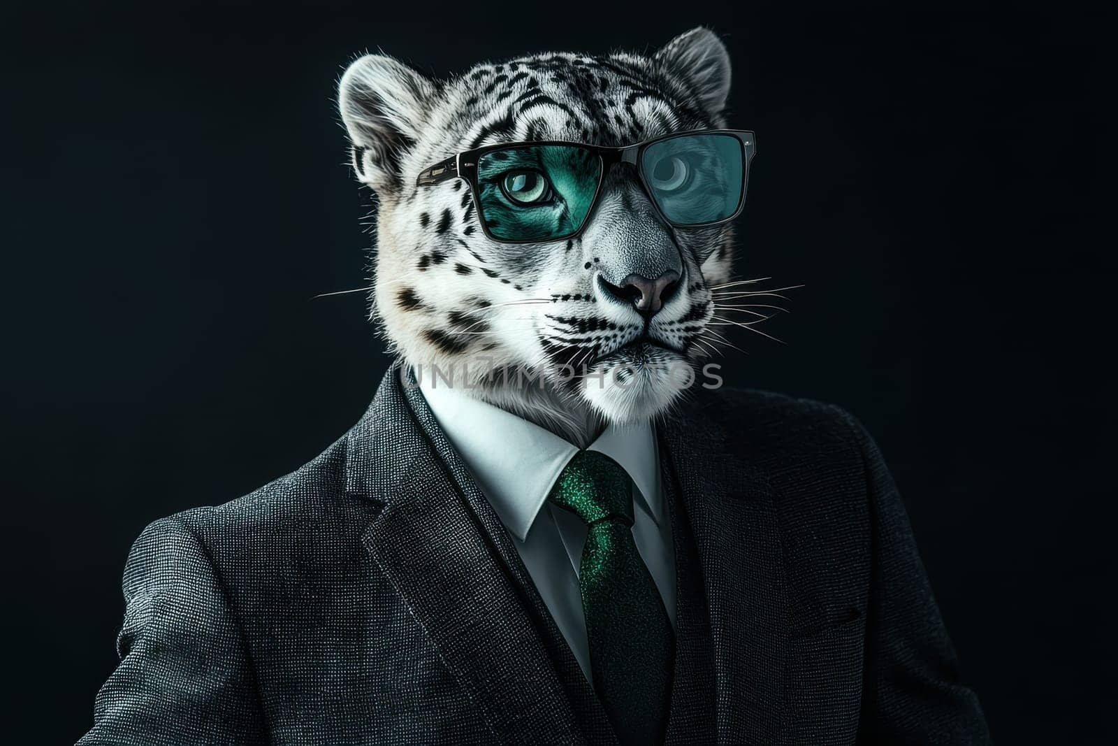 A tiger wearing a suit and glasses. The tiger is wearing a green tie