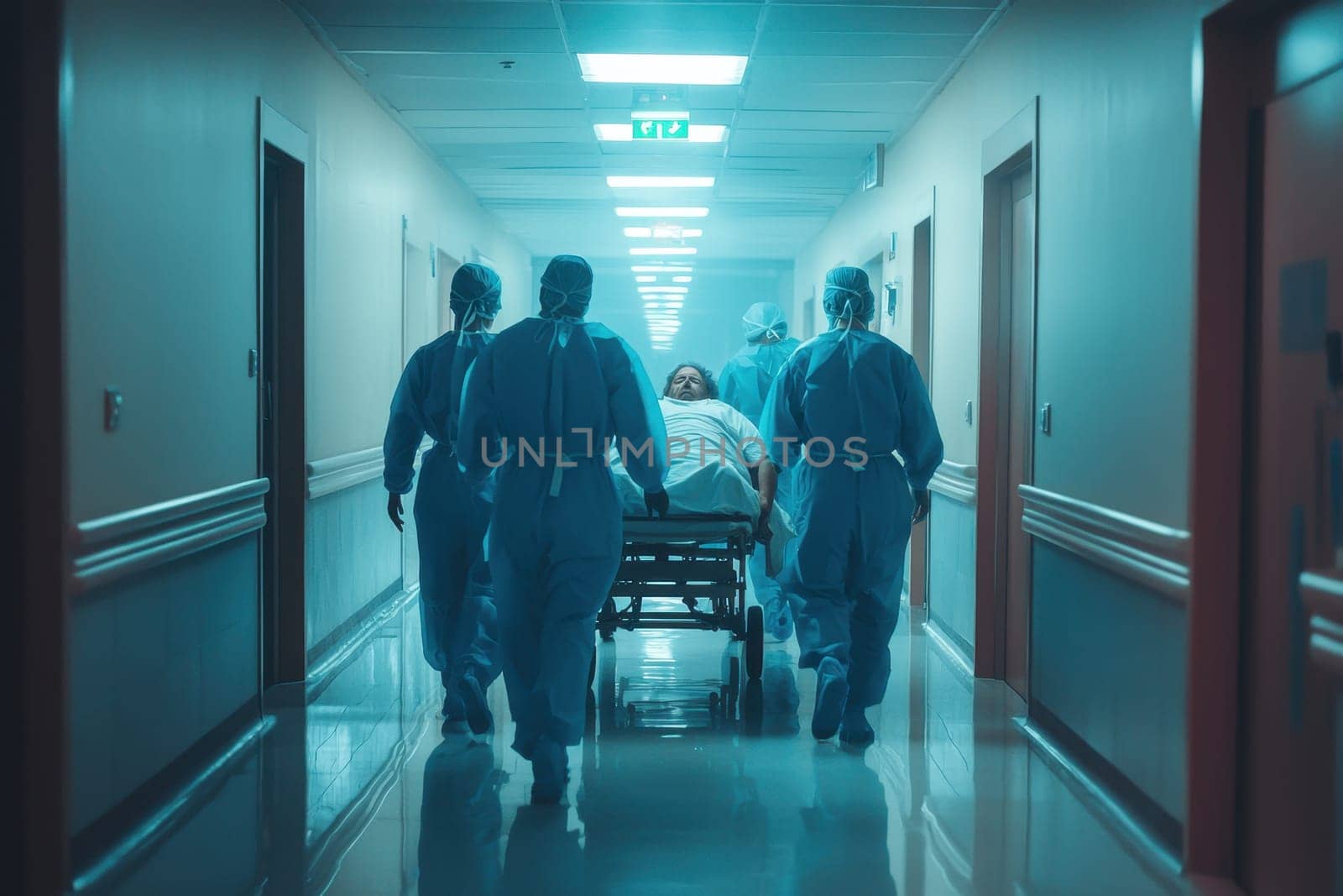 A man in a hospital bed is being carried by two nurses. The scene is dark and gloomy, with the lights on and the hallway illuminated. Scene is somber and serious