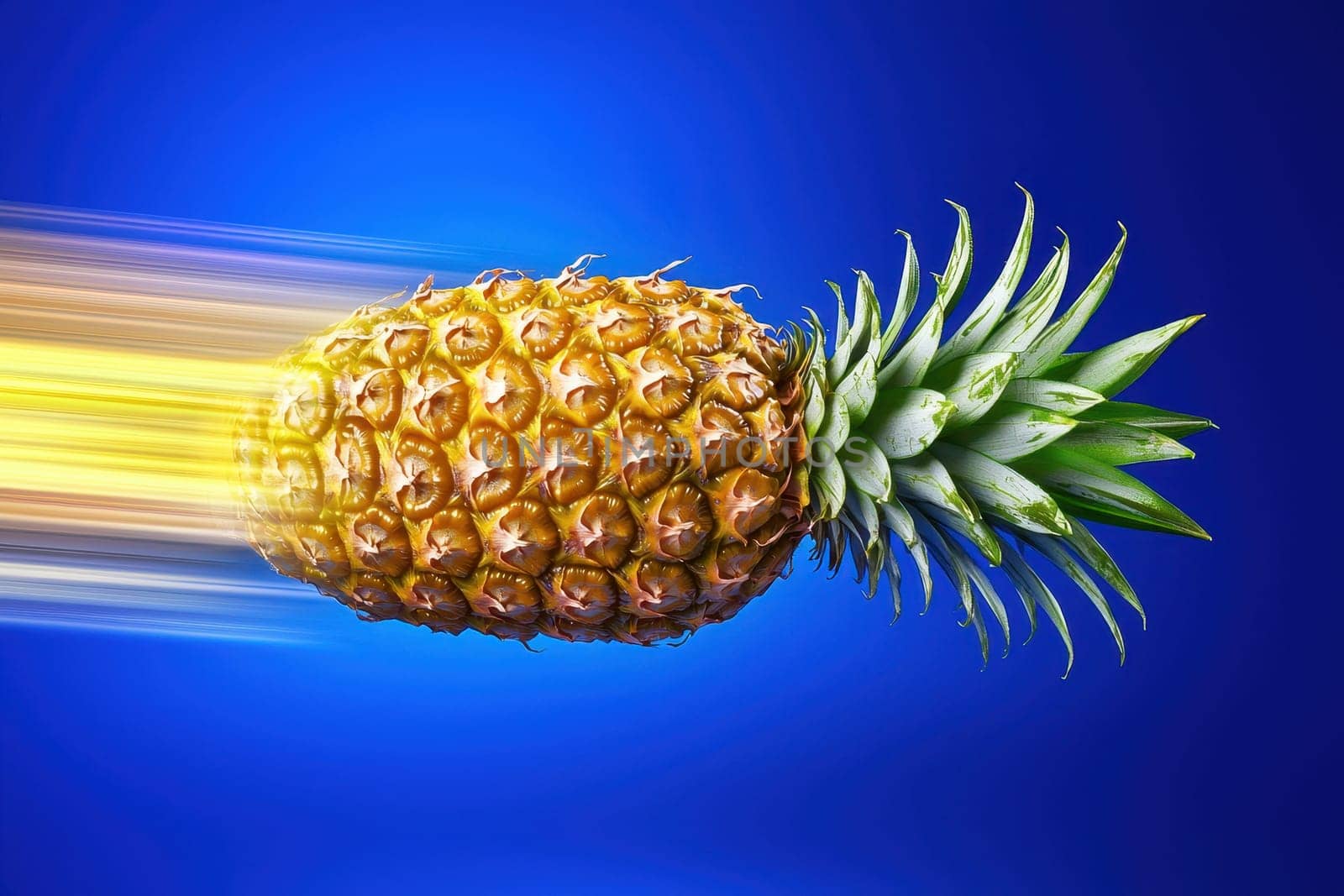 A pineapple is shown in a blue sky with a yellow streak. The pineapple is flying through the air, and the yellow streak is the sun. Scene is bright and cheerful
