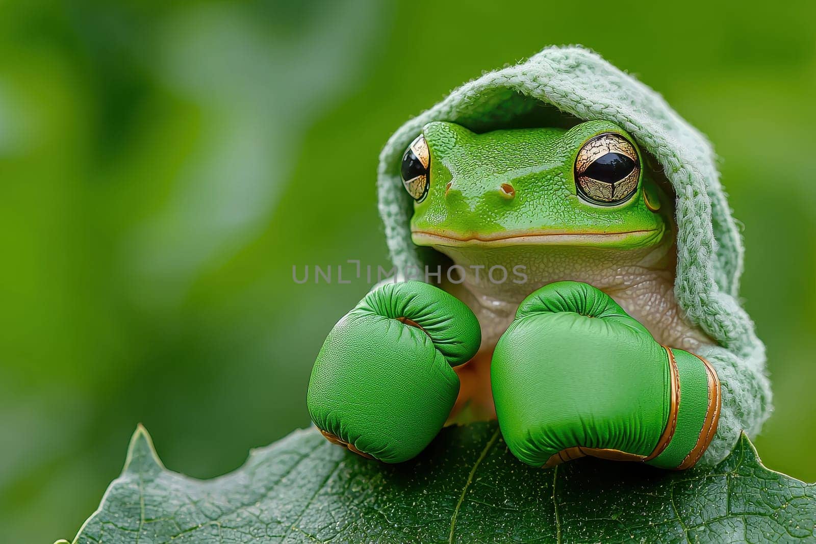 A green frog is wearing boxing gloves and standing on a leaf. The frog appears to be in a boxing match, with its eyes looking up at the camera