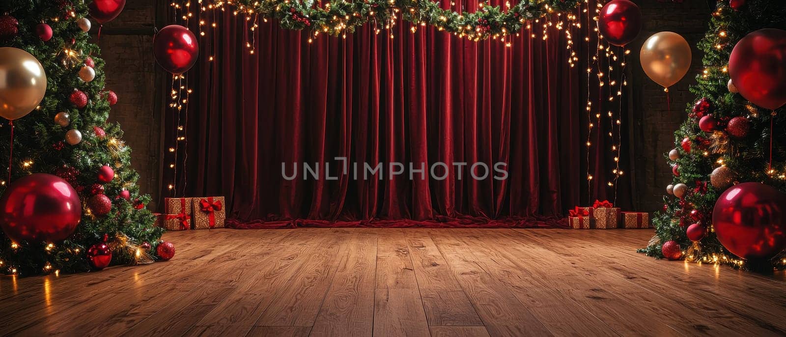 A red curtain hangs in front of a stage with a red backdrop. The curtain is decorated with red and gold balls. The stage is empty, but the red curtain and backdrop create a festive atmosphere