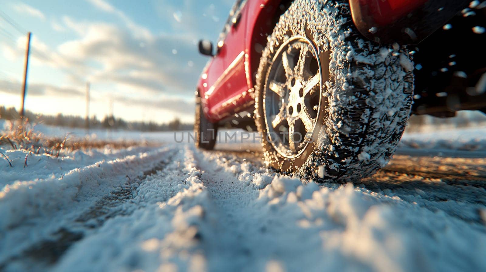 car on snowy road with studless tires, showcasing winter conditions.