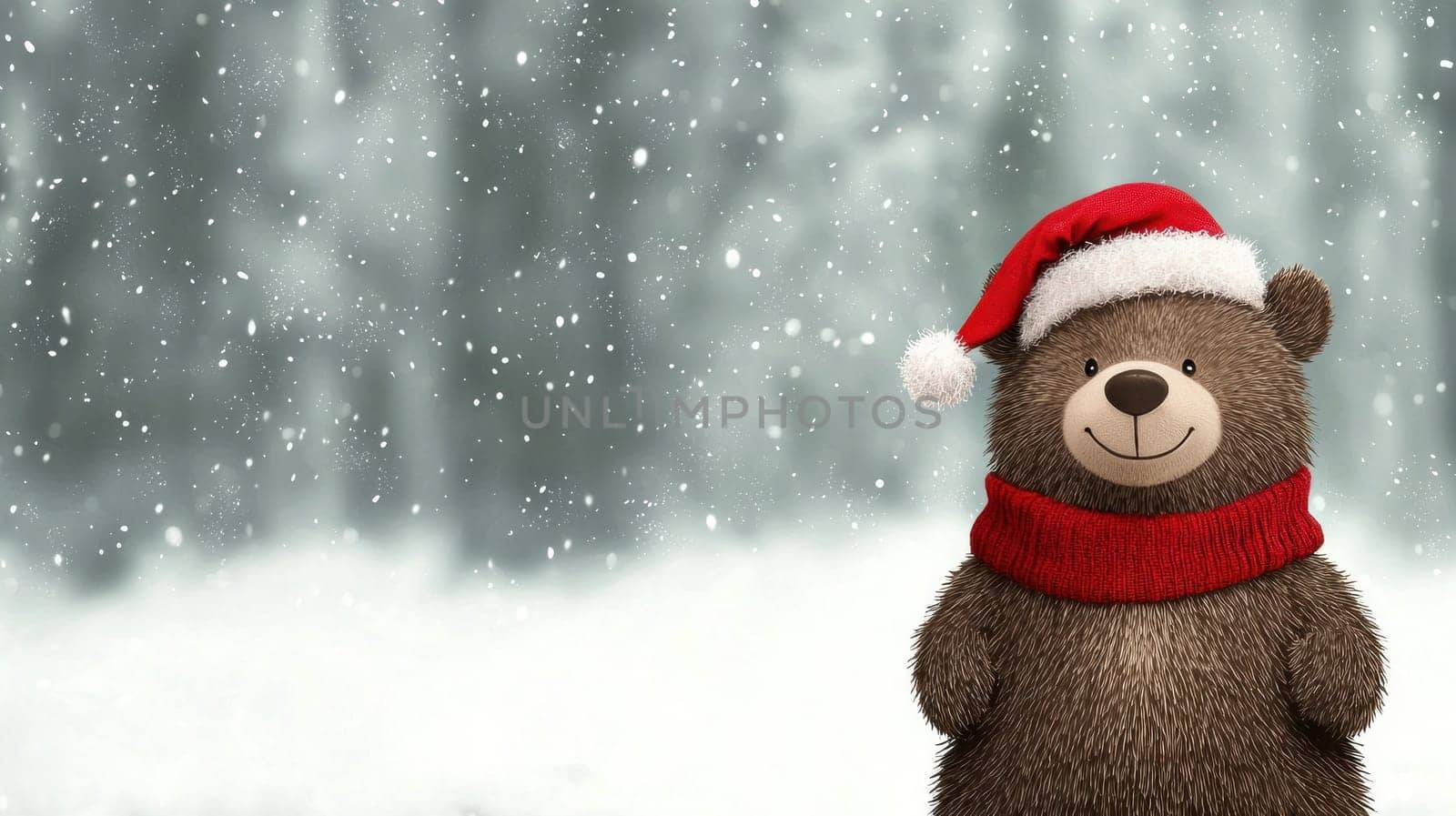 cute bear wearing Santa hat and red scarf in snowy landscape.