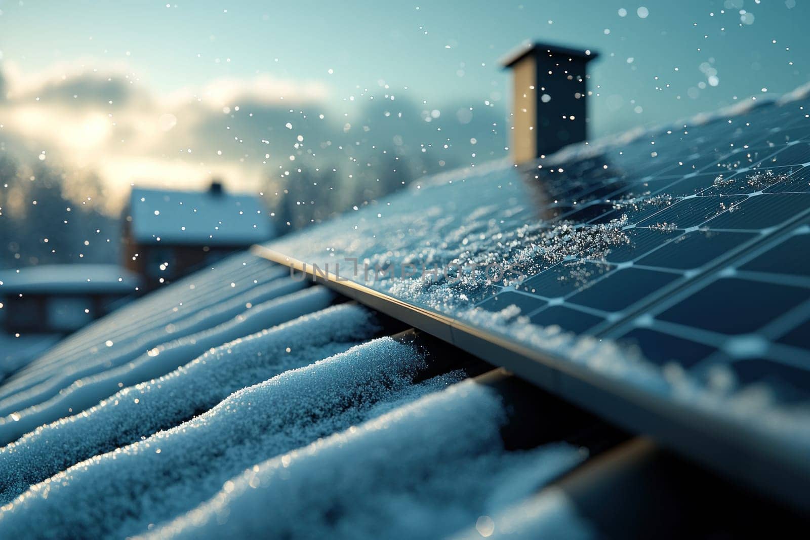 Snow covered solar panels glisten under winter sky, creating serene atmosphere.