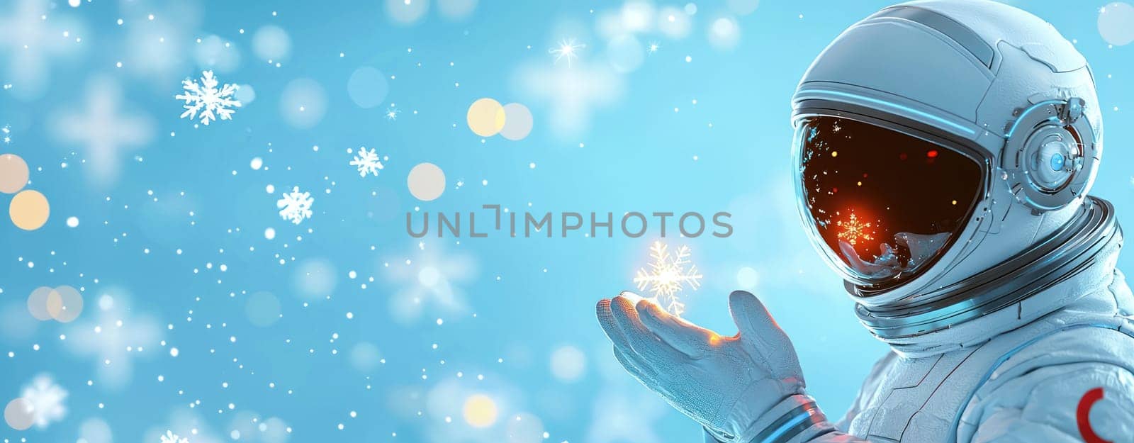Astronaut holding snowflakes in dreamy winter scene, evoking wonder.
