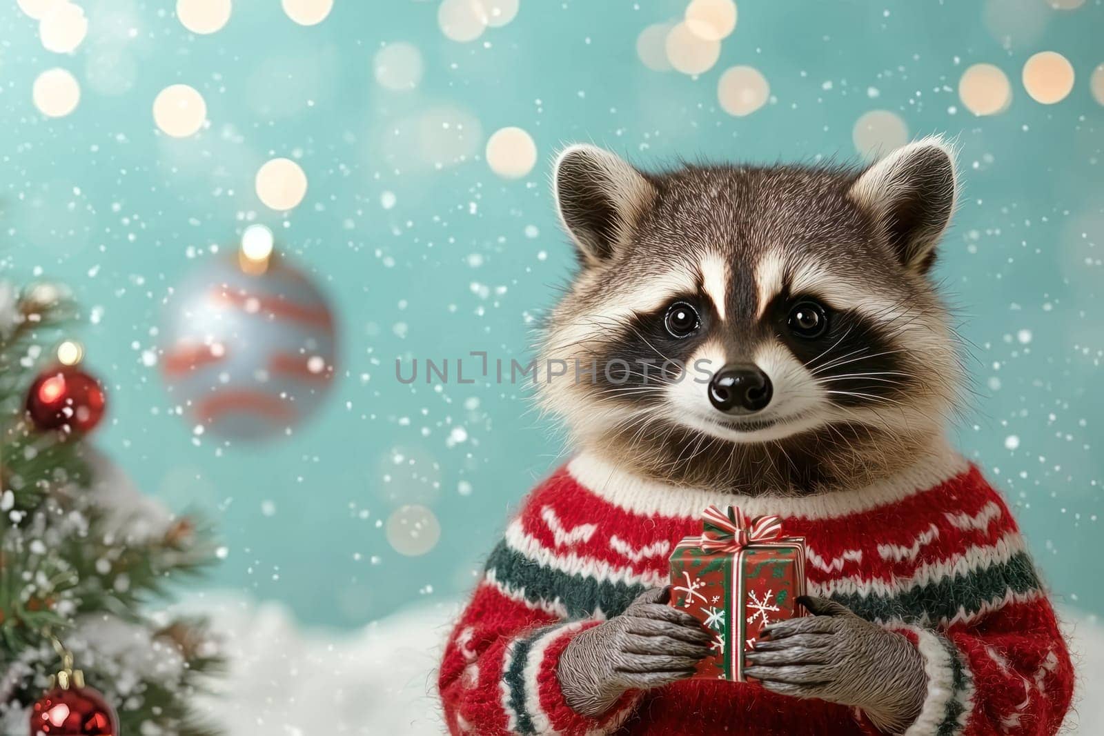 Cute raccoon in Christmas sweater holding gift, festive atmosphere.