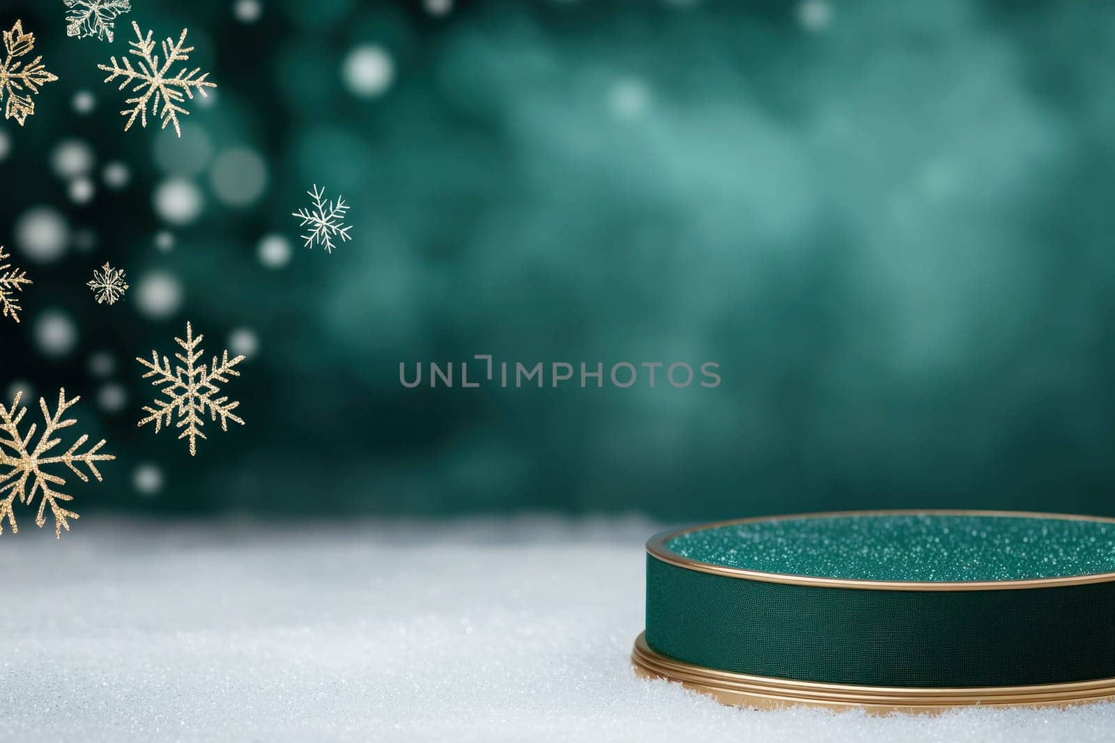 Elegant holiday podium with gold accents and emerald background.