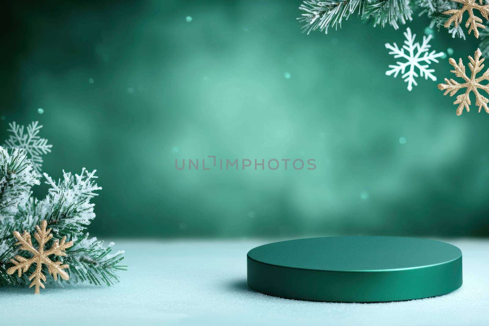 Elegant holiday podium with emerald accents and snowflakes.