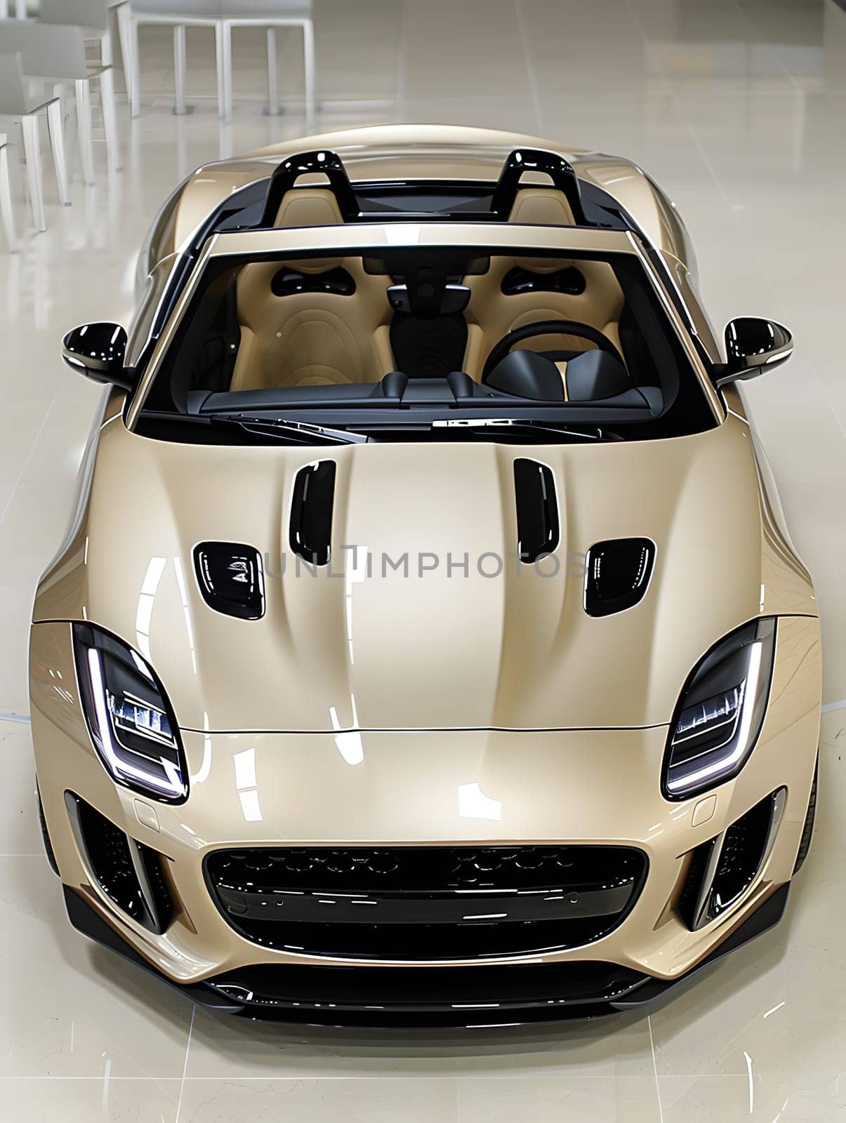A stylish gold convertible sports car is showcased in a sleek and contemporary showroom