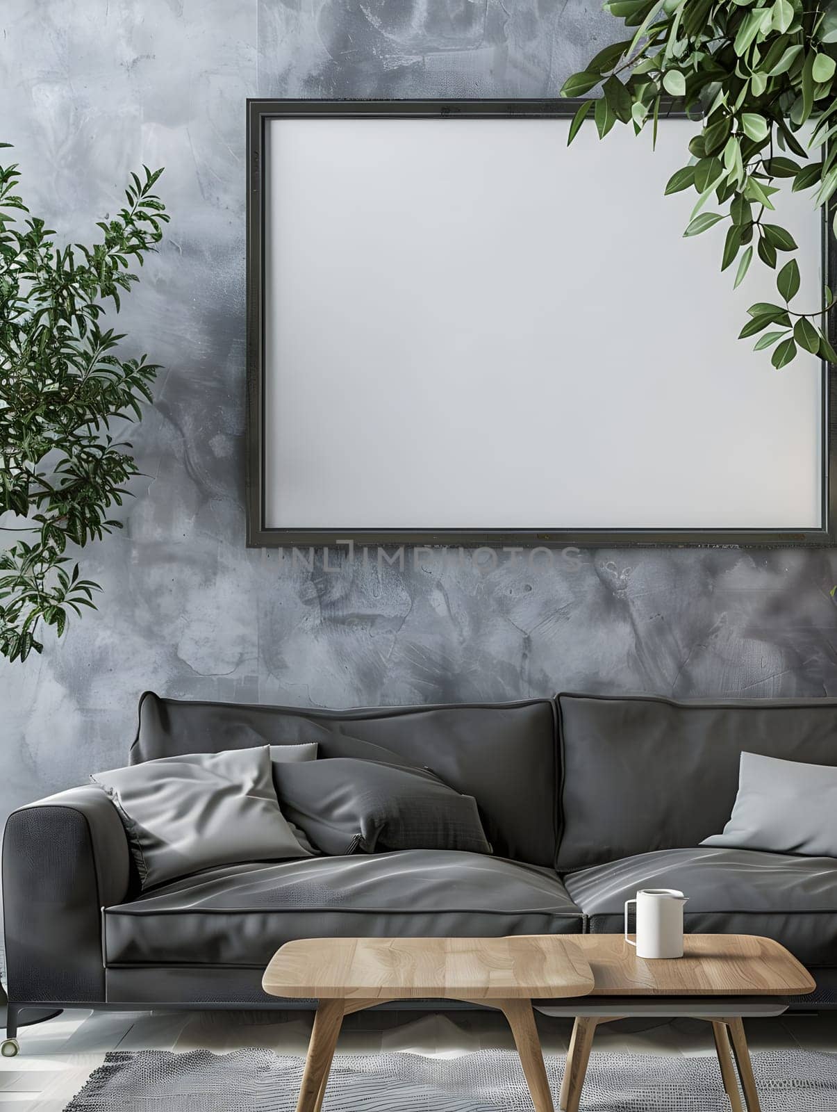 Stylish living room with gray sofa, blank frame, plants, and wooden table