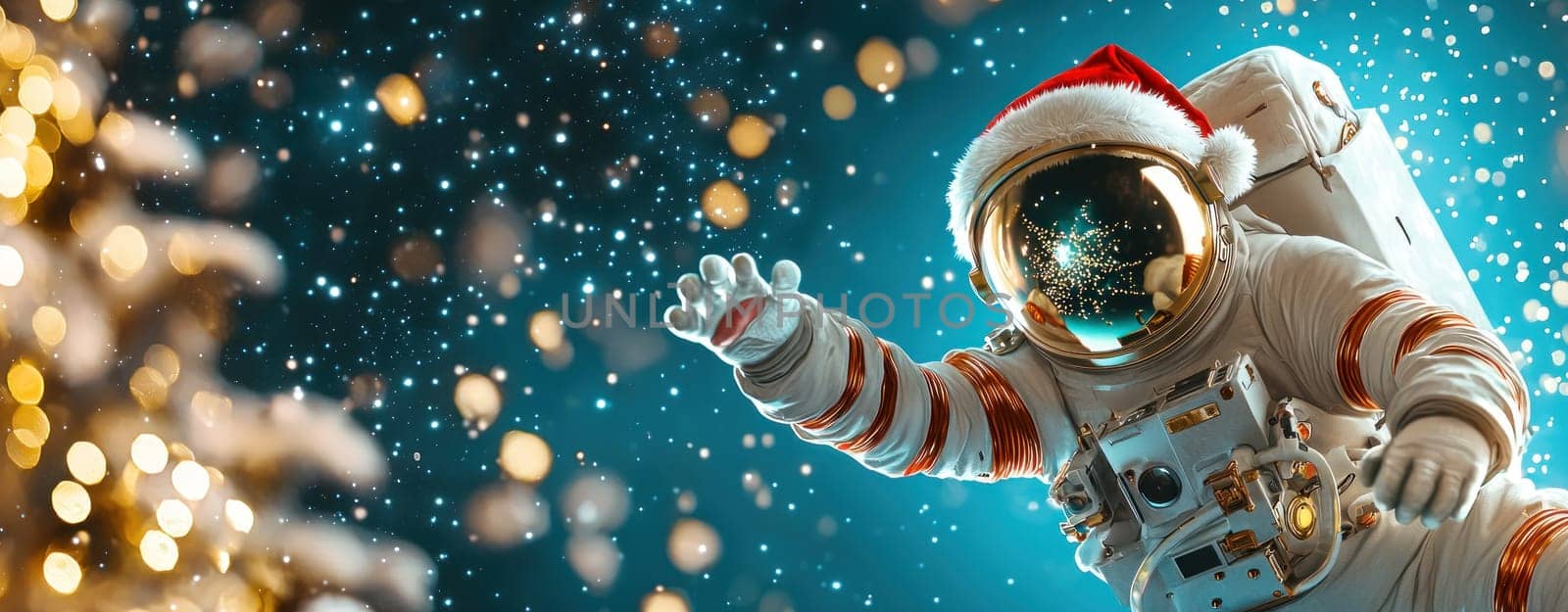 Festive astronaut in Santa hat reaching for stars in space.