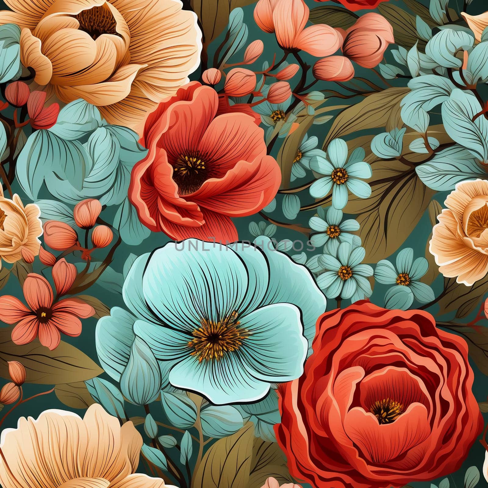 Seamless pattern tile background flowers and floral leaves plants. High quality photo