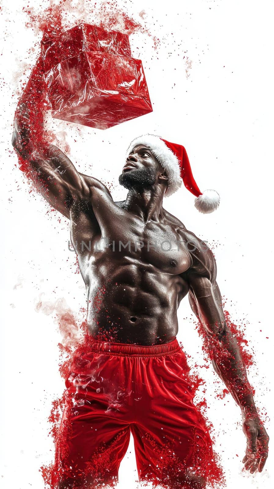 Muscular man in red shorts and Santa hat lifting gift with joy.