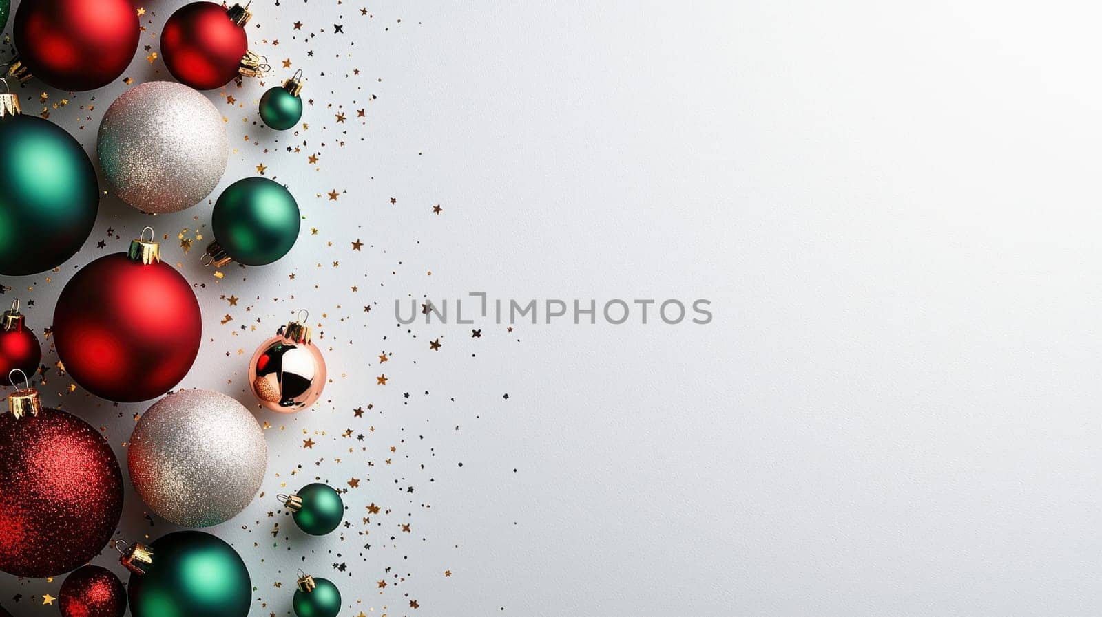 Festive Christmas ornaments in red, green, and silver with stars.