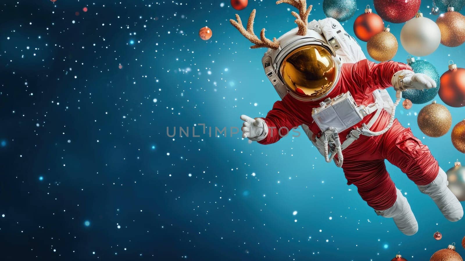 Reindeer astronaut in red spacesuit floating among festive ornaments, joyful and whimsical.