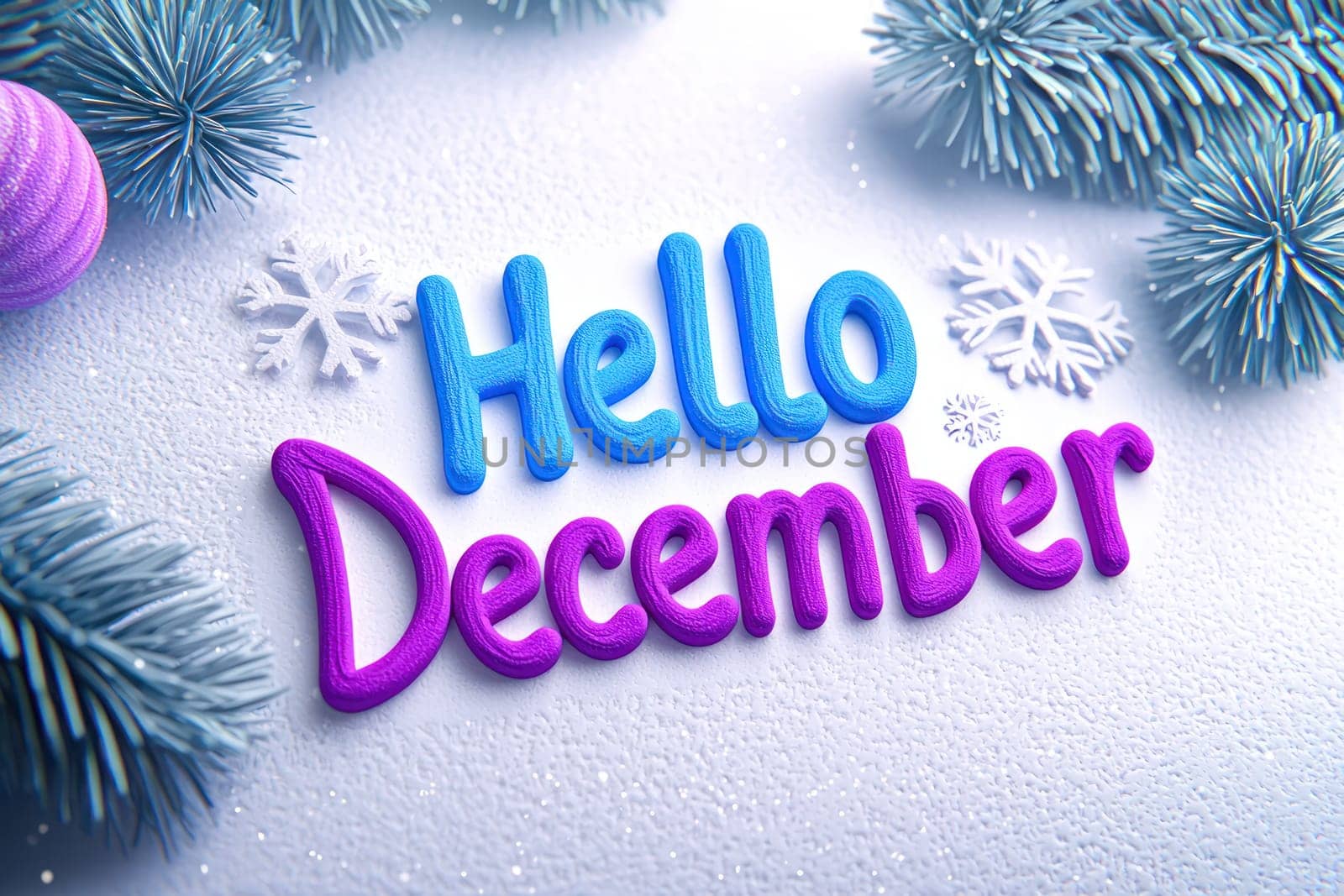 Hello December in winter scene with festive decorations and snowflakes.