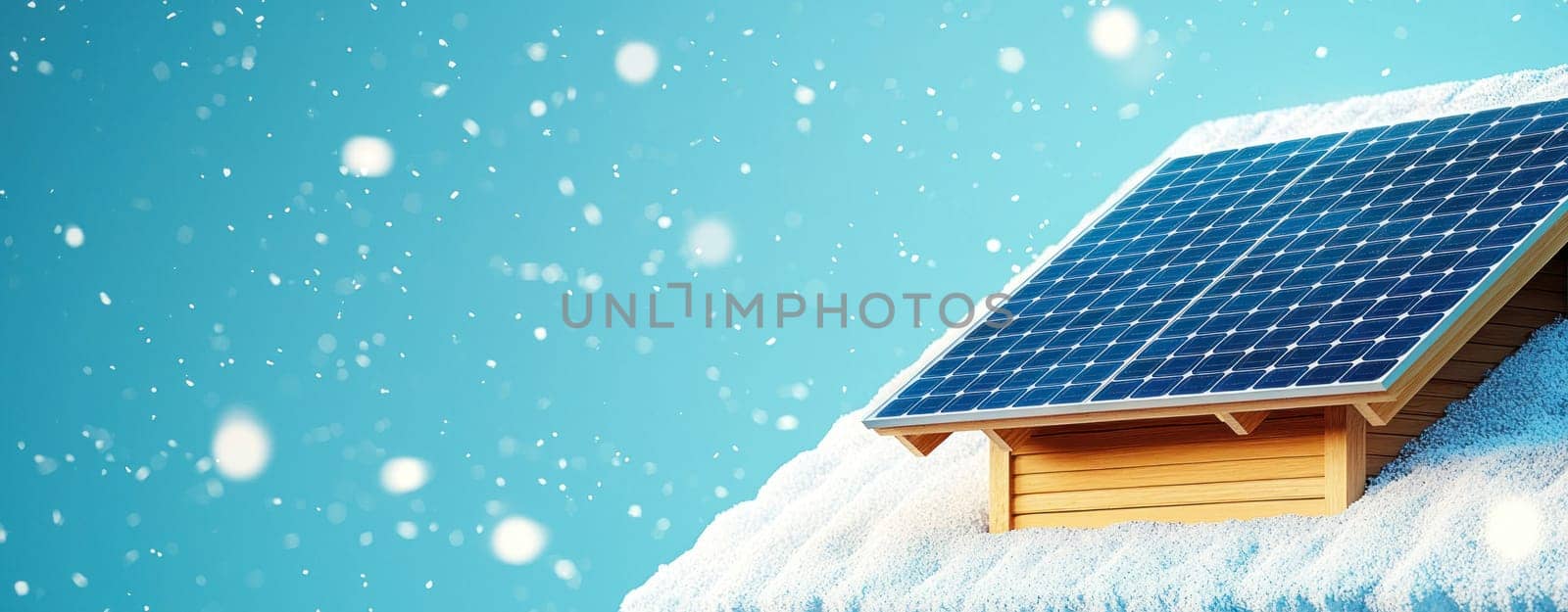 Modern solar panels on snowy roof, capturing energy in winter.