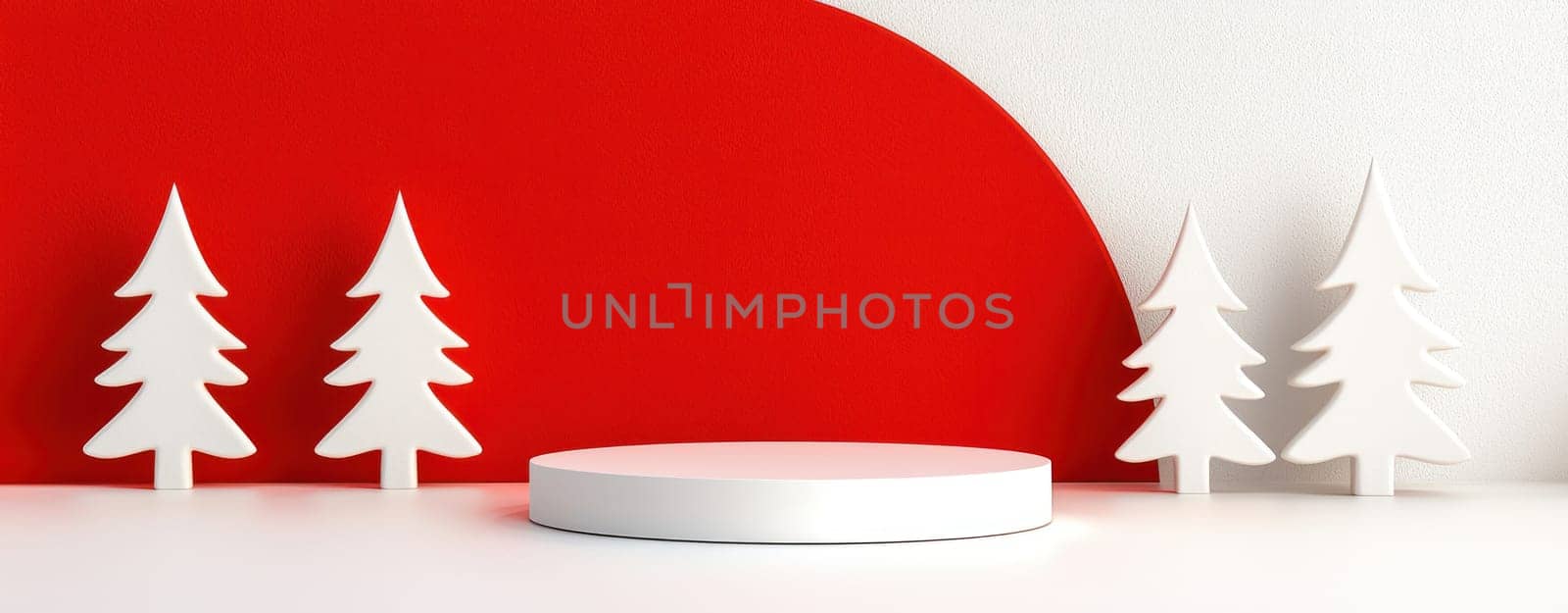 Minimalist Christmas podium with white trees and red background.