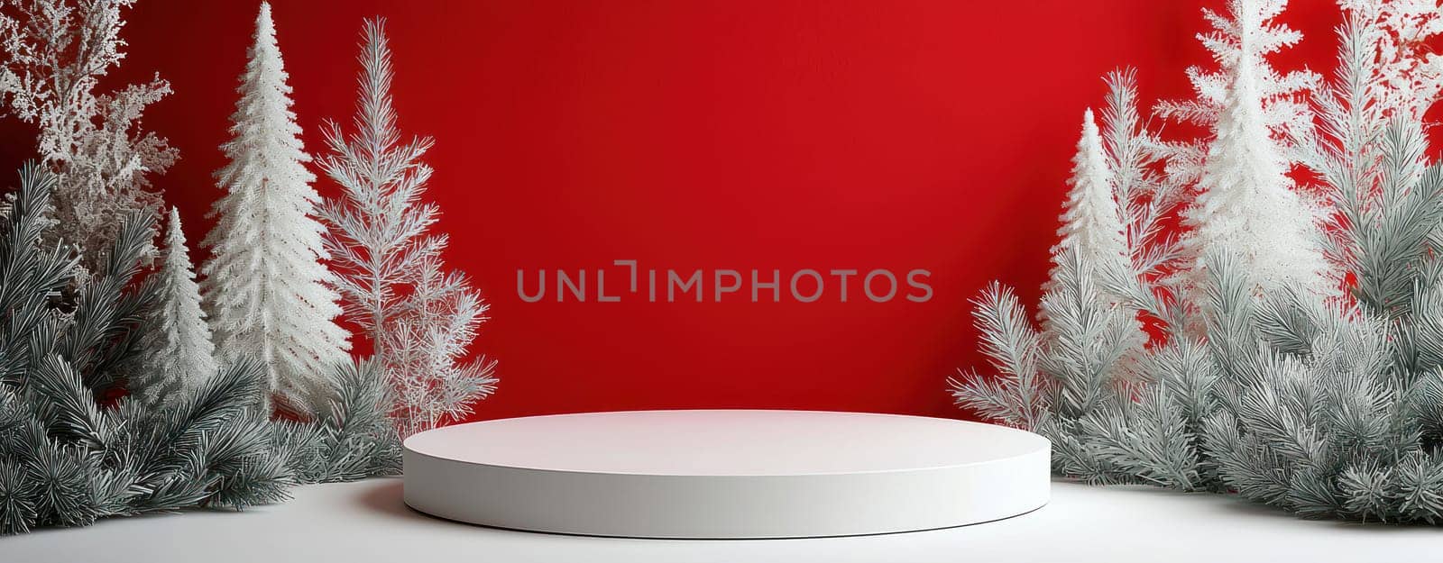 festive red backdrop with white podium surrounded by snowy trees creates cheerful atmosphere.