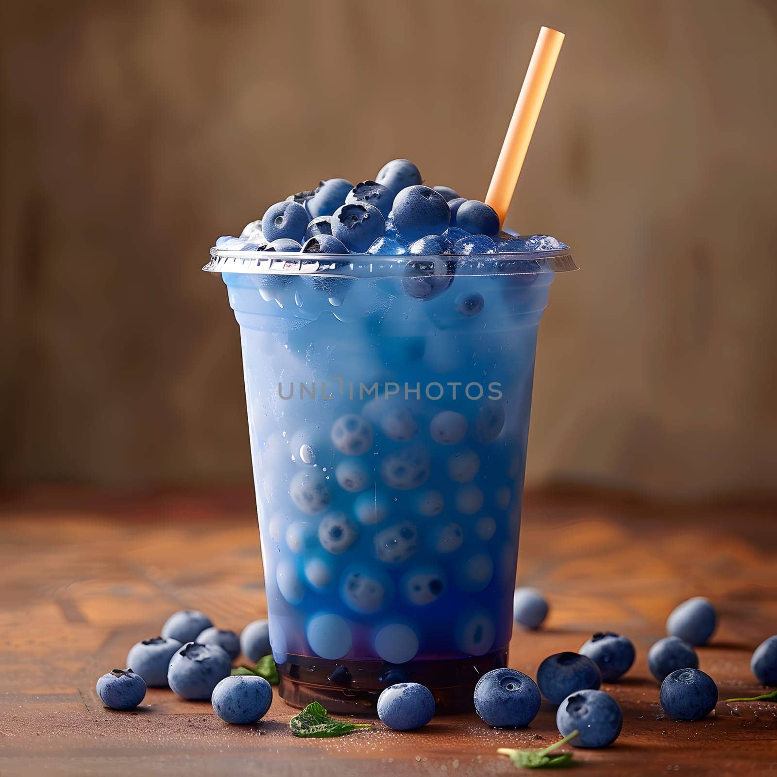 A cup filled with antioxidantrich blueberries and a drinking straw placed on a table, showcasing a healthy and refreshing superfood snack