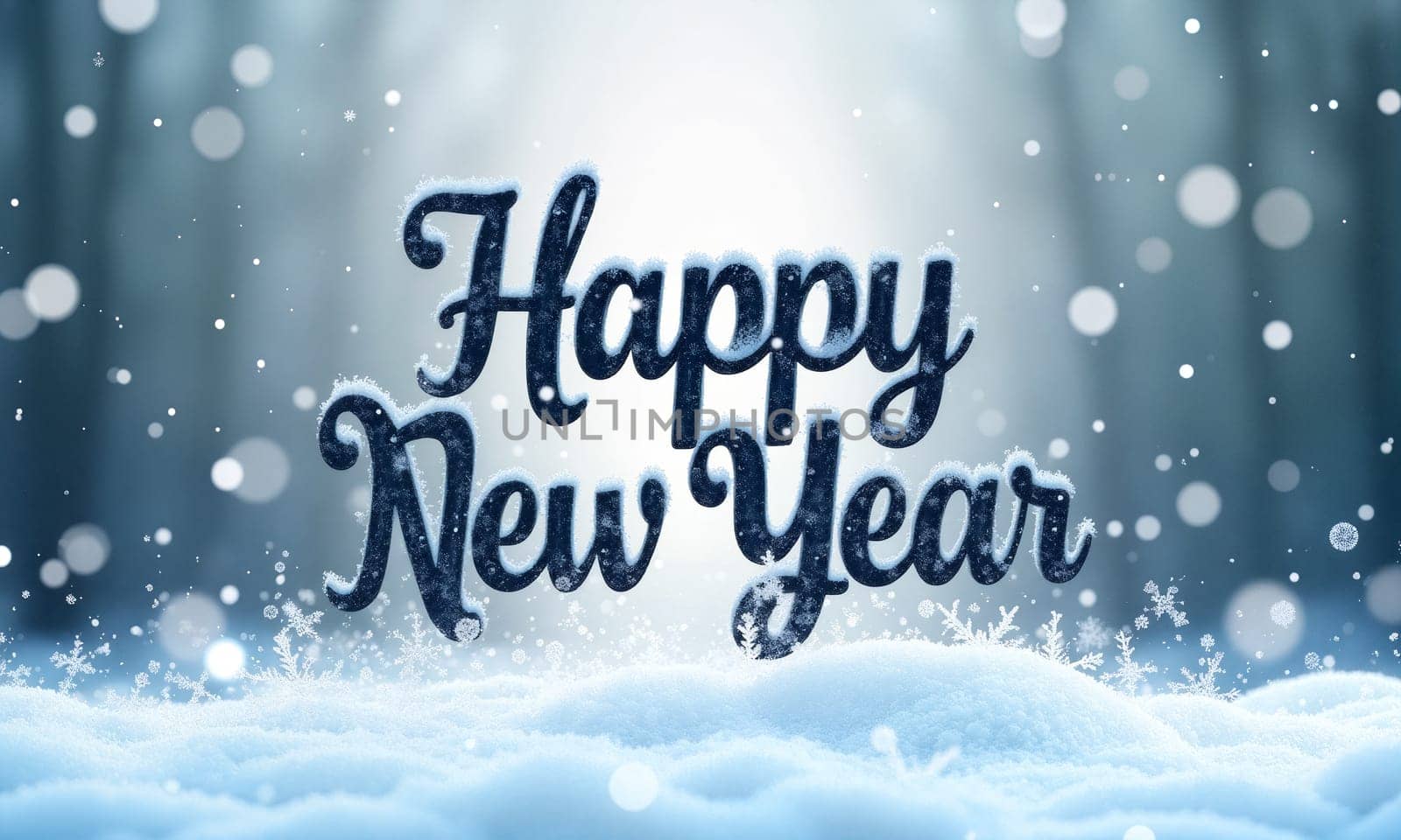 Amidst a snowy landscape, a festive Happy New Year greeting emerges, glimmering with joy and hope for the upcoming year - Generative AI