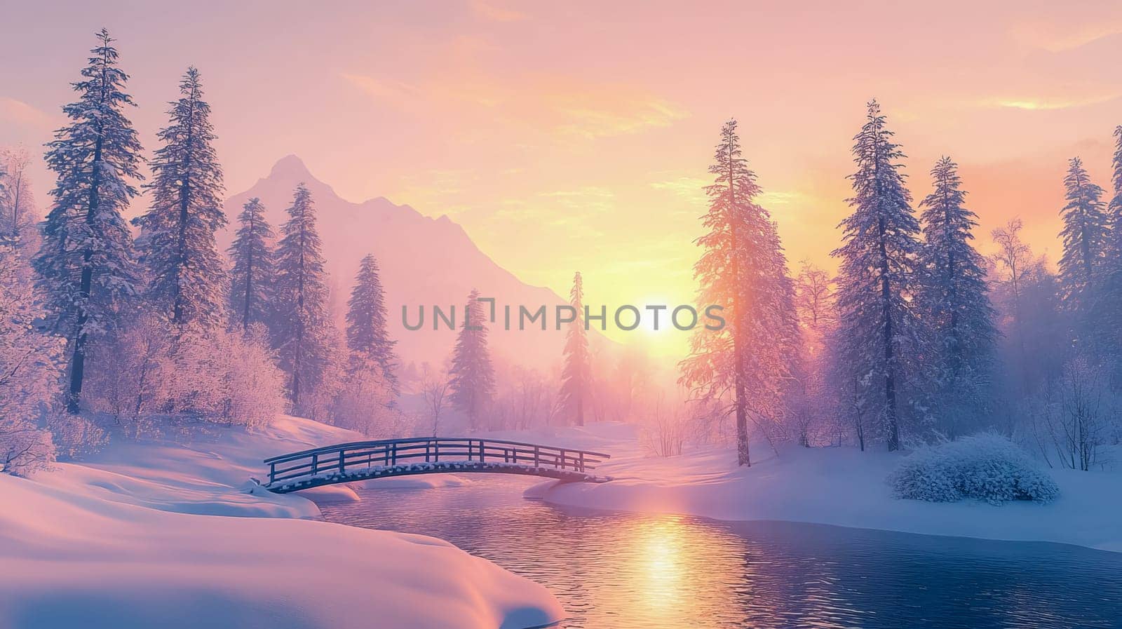 Winter landscape with snow-covered trees and a small bridge during sunset. Pastel colors.