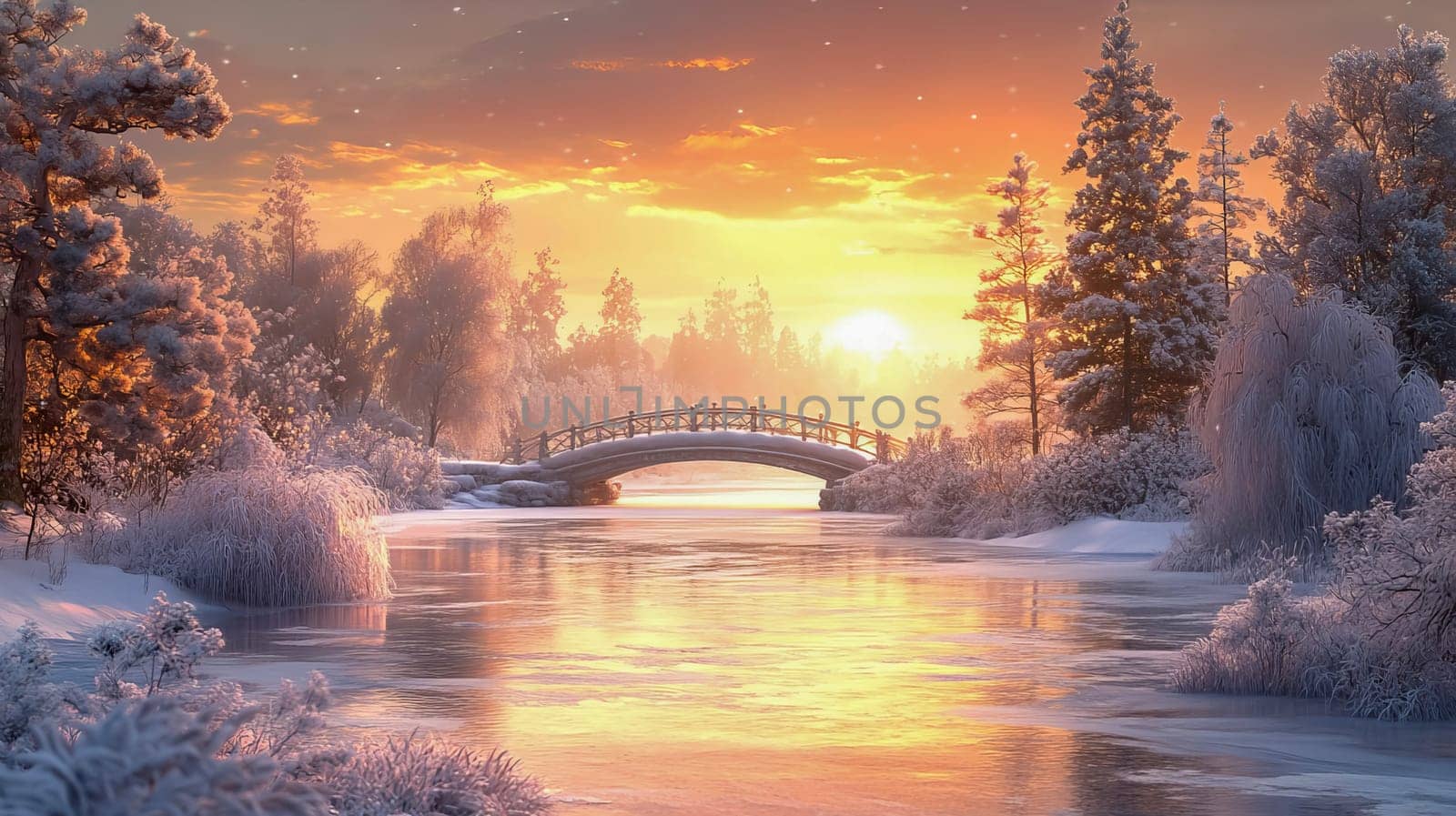 Winter landscape with snow-covered trees and a small bridge during sunset. Pastel colors.