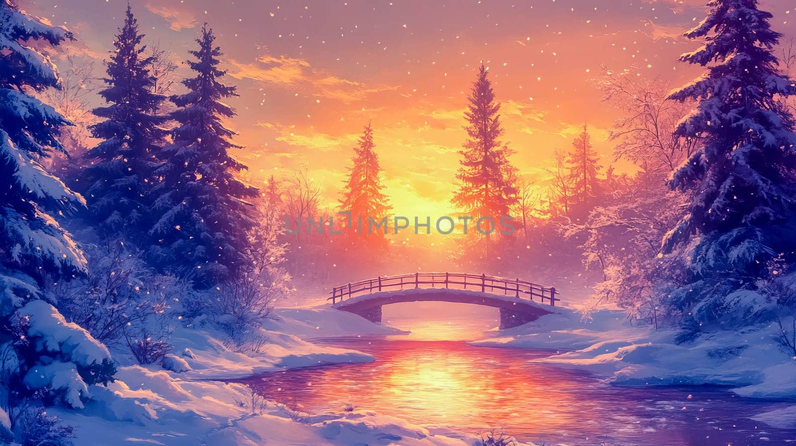 Winter landscape with snow-covered trees and a small bridge during sunset. Pastel colors.
