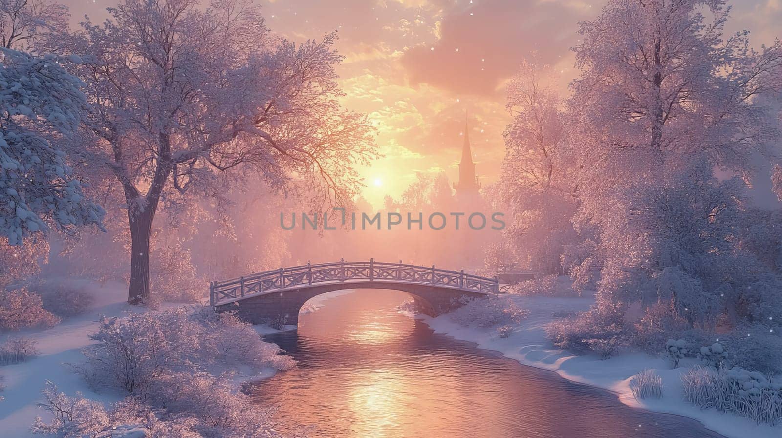 Winter landscape with snow-covered trees and a small bridge during sunset. Pastel colors.