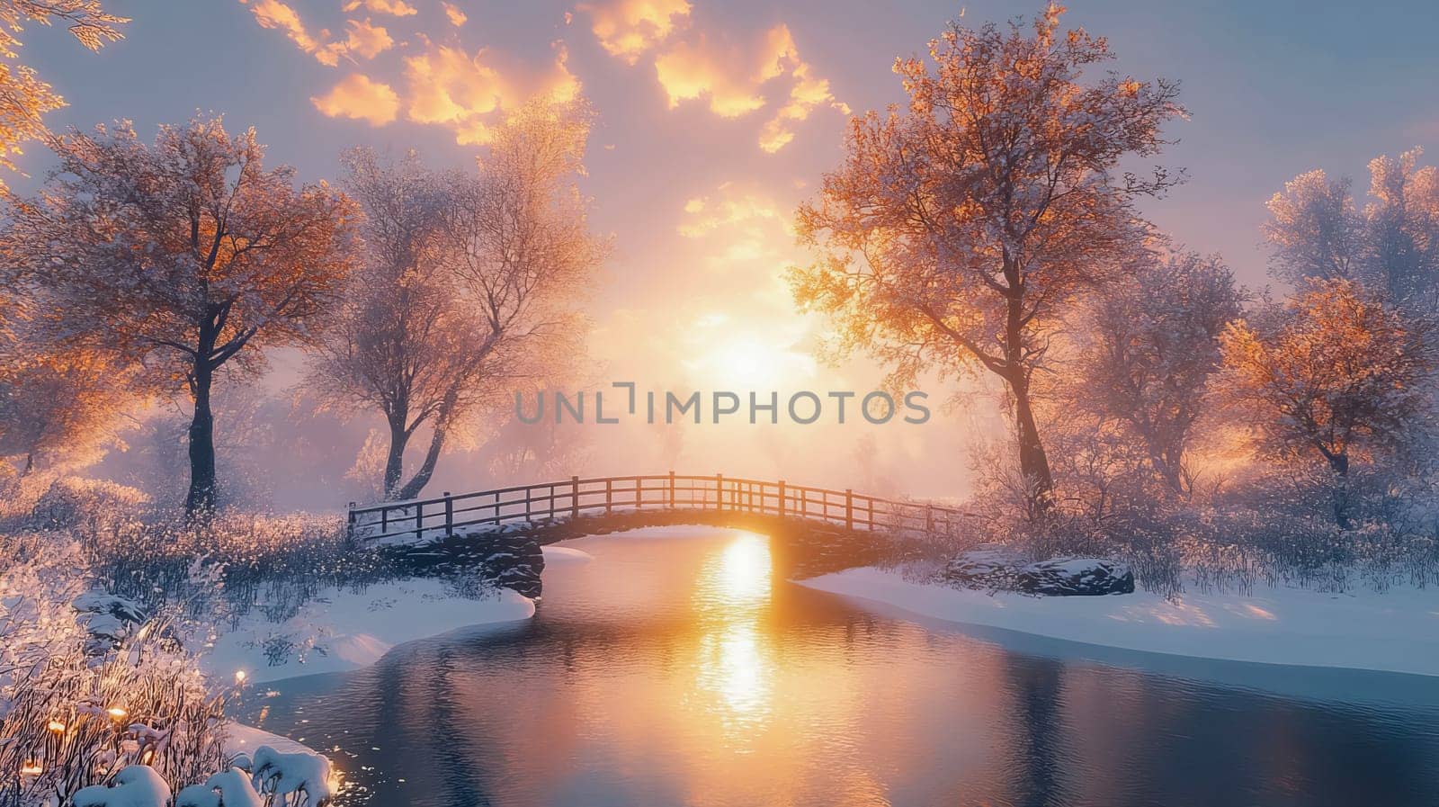 Winter landscape with snow-covered trees and a small bridge during sunset. Pastel colors.
