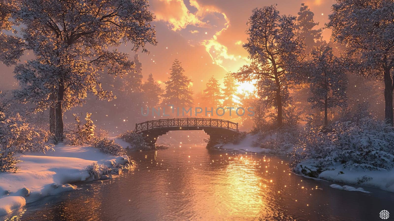 Winter landscape with snow-covered trees and a small bridge during sunset. Pastel colors.