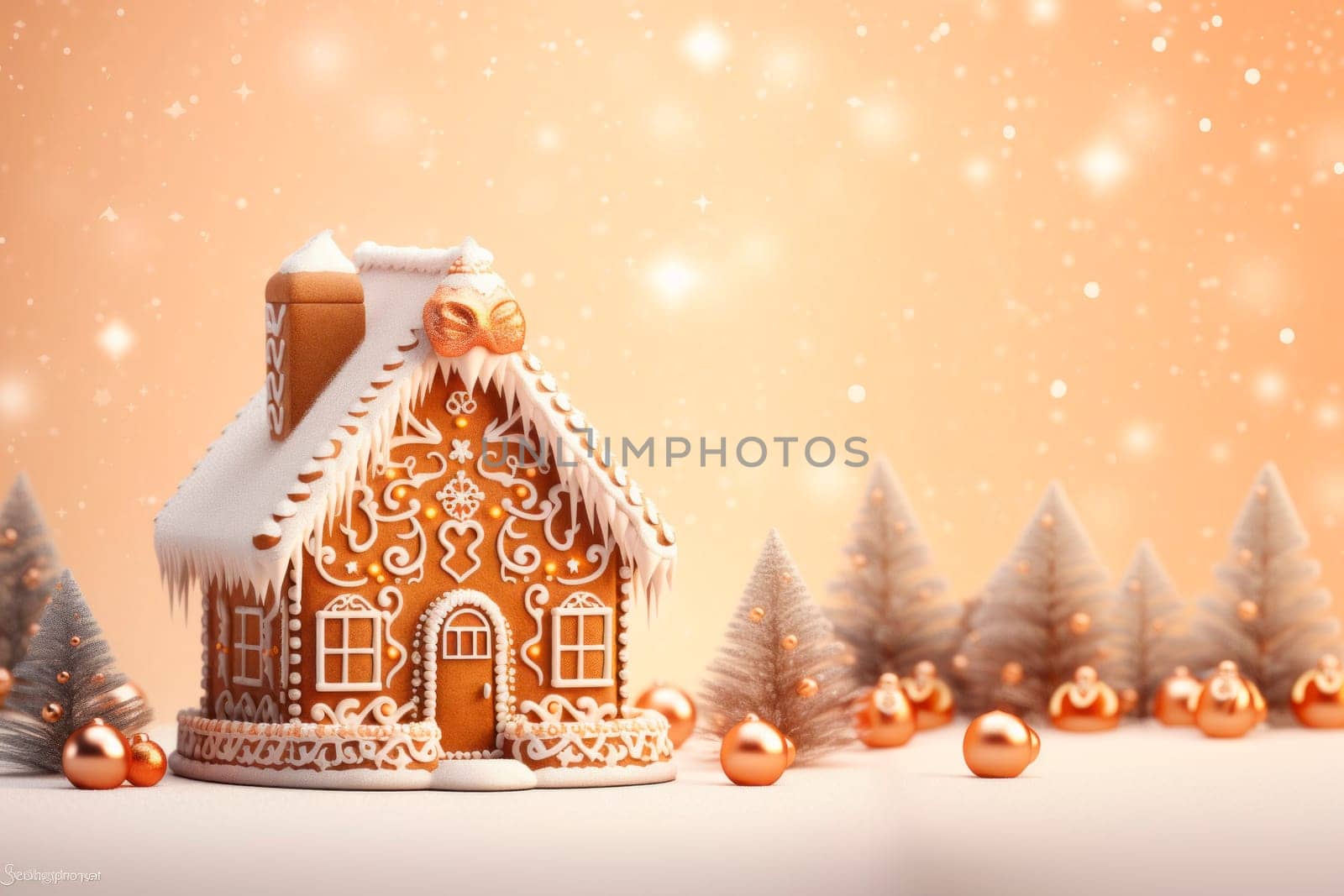 A beautiful gingerbread house on a delicate light background.